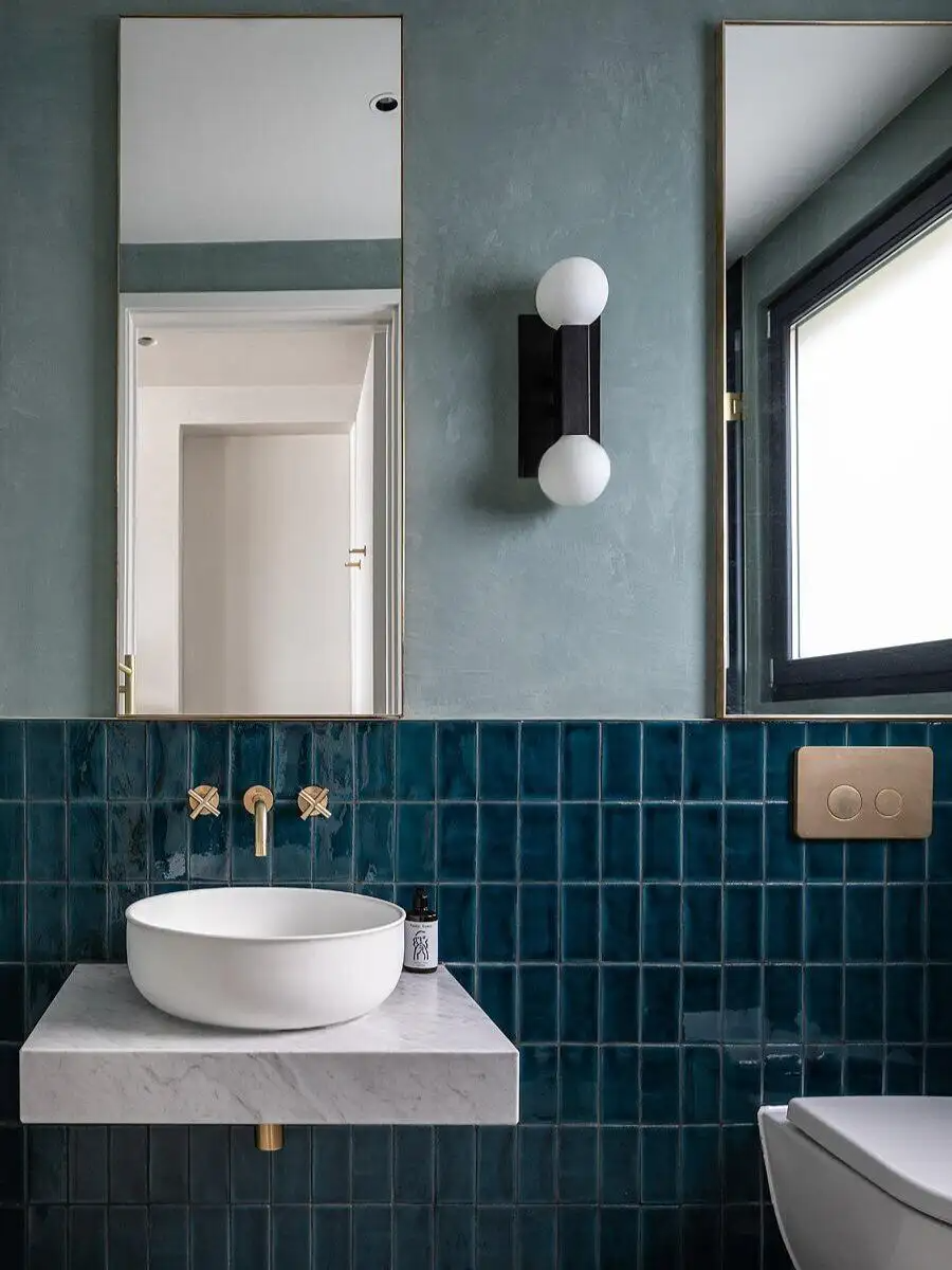 Modern Elegance: Sleek Teal Tile Bathroom with Marble and Gold Accents | Material Depot