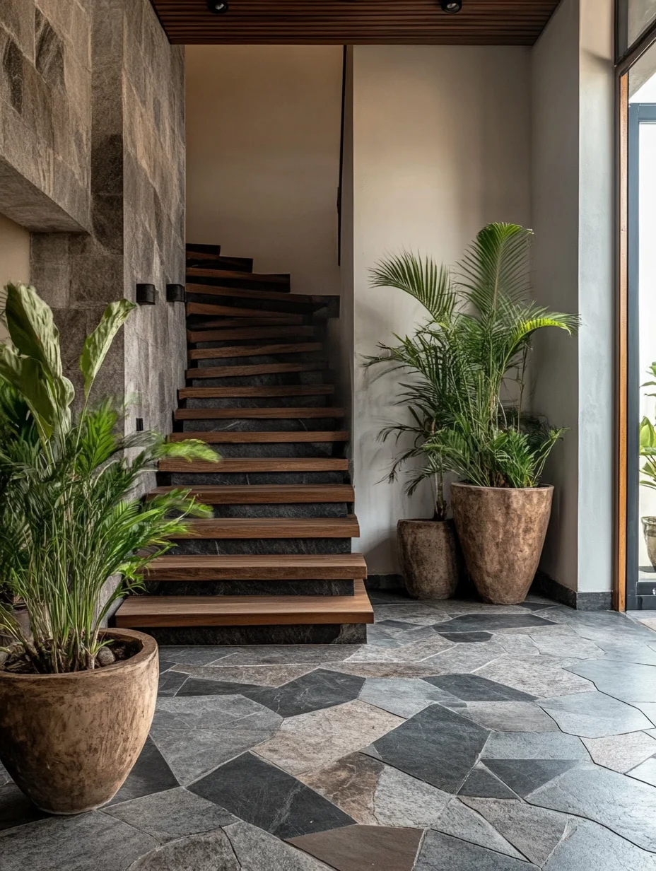 Modern Foyer with Irregular Kota Stone Flooring and Wooden Staircase | Material Depot