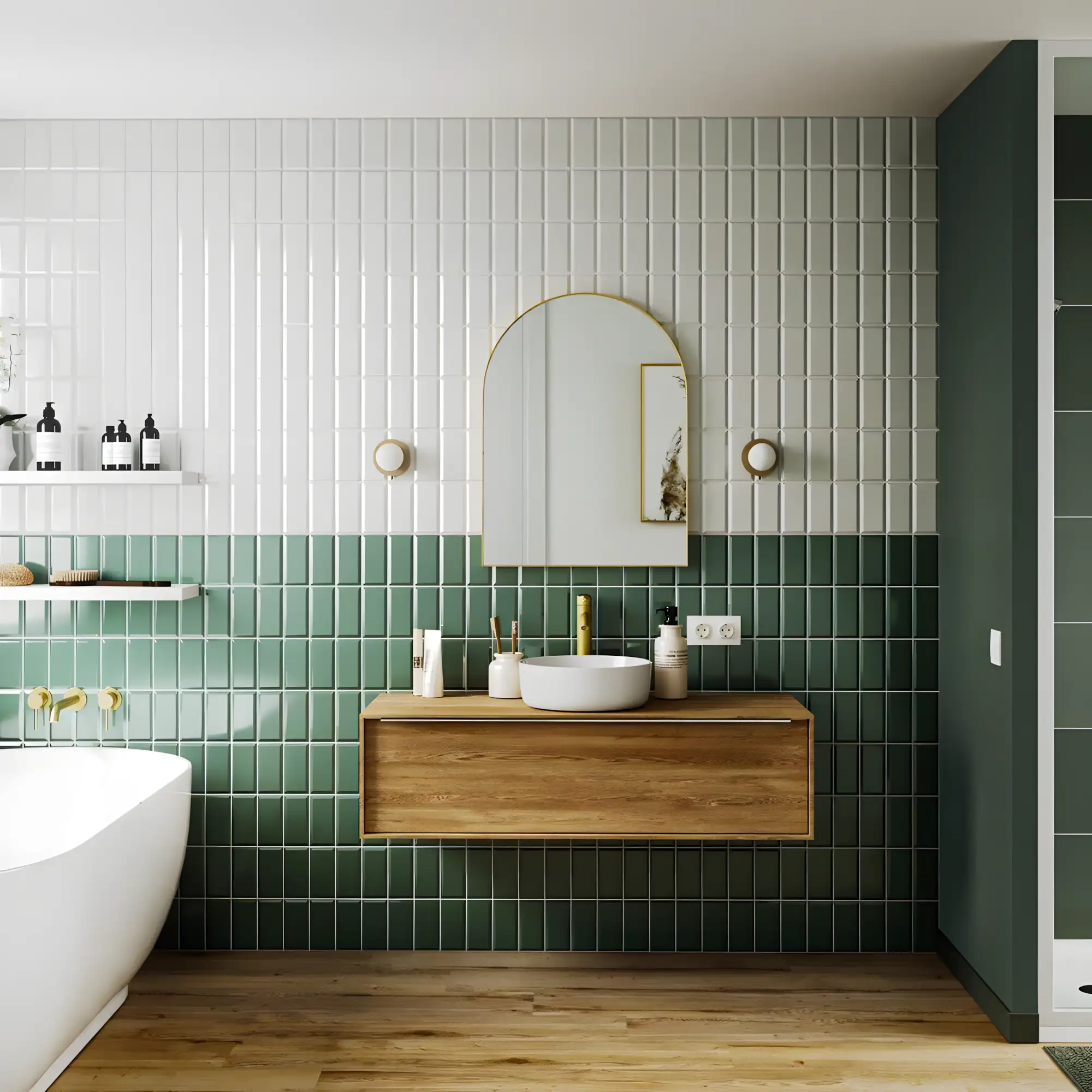 Modern Green and White Tile Bathroom with Wood Accents | Material Depot