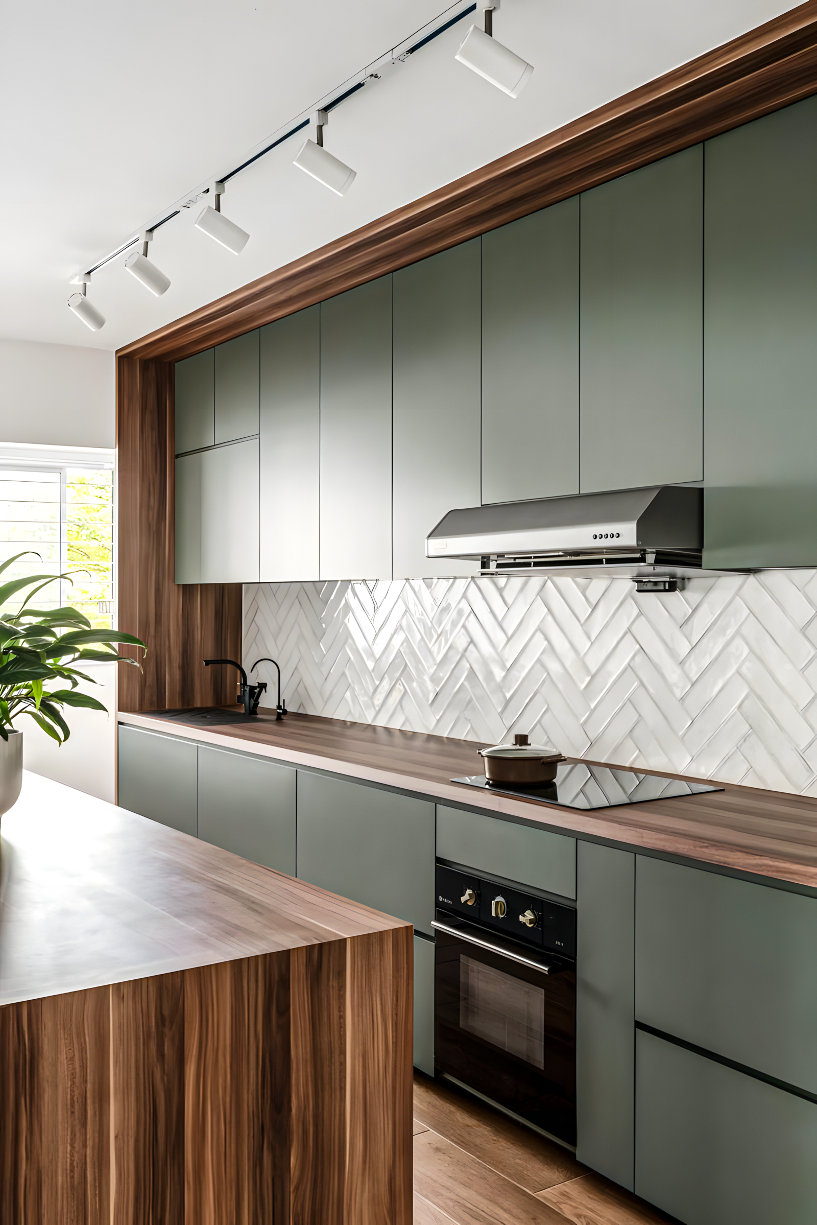 Modern Green Kitchen with Herringbone Backsplash | Material Depot