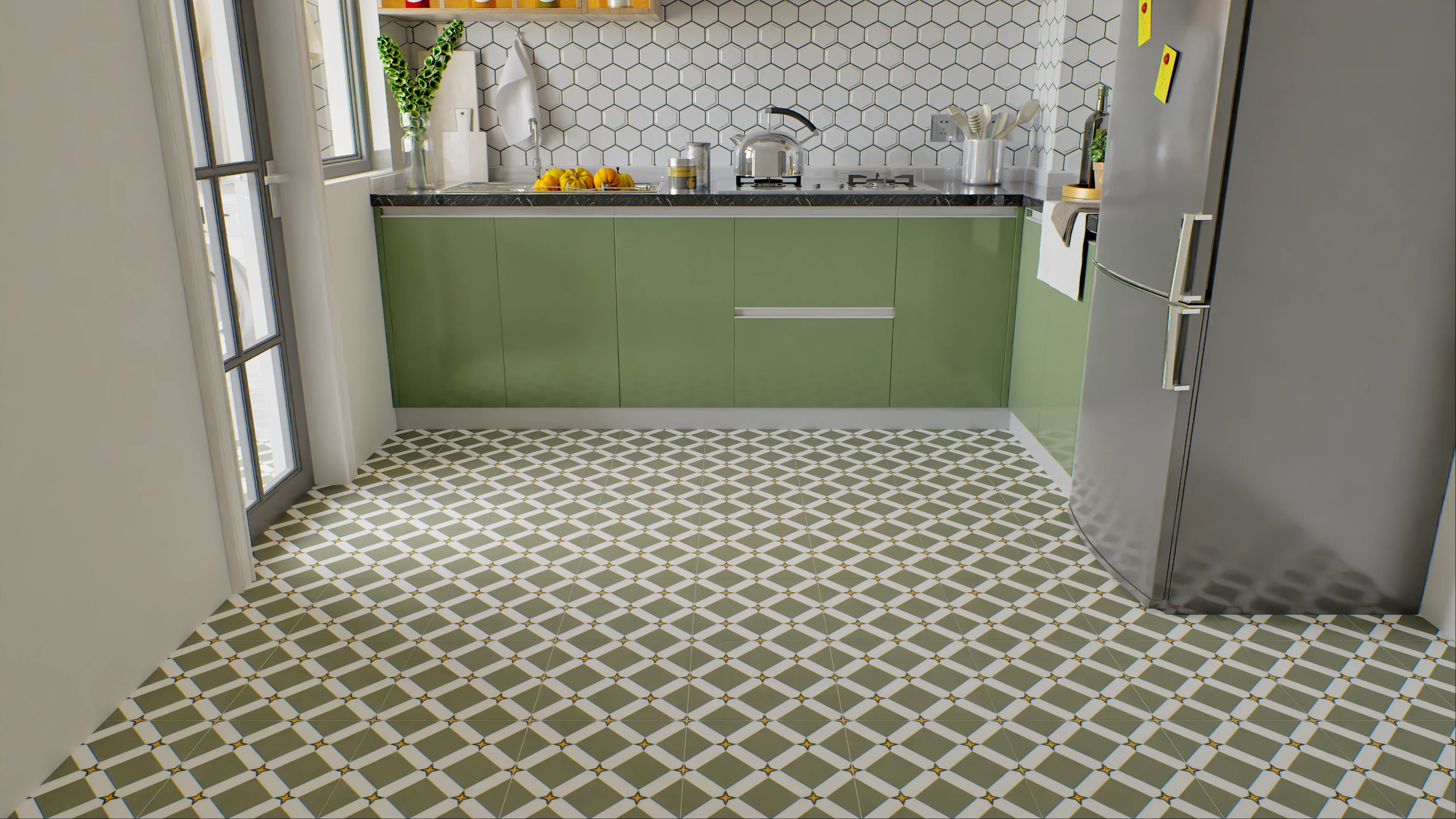 Modern Green Kitchen with Hexagonal Backsplash | Material Depot