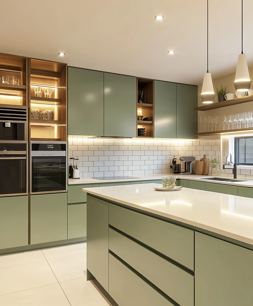 Modern Green Kitchen with Wooden Display Cabinets | Material Depot