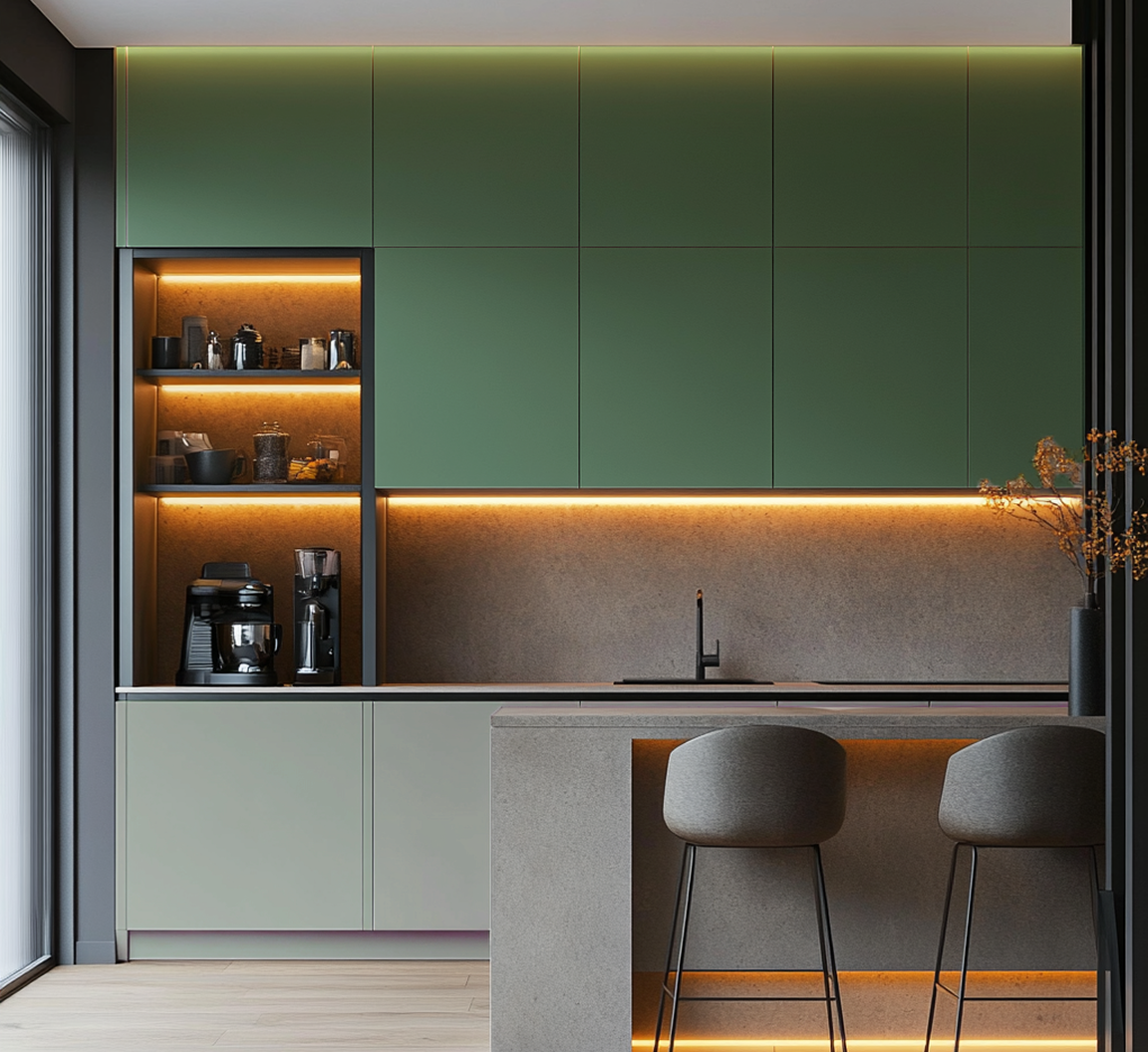 Modern Green Laminate Kitchen with Underlit Cabinets and Grey Accents | Material Depot