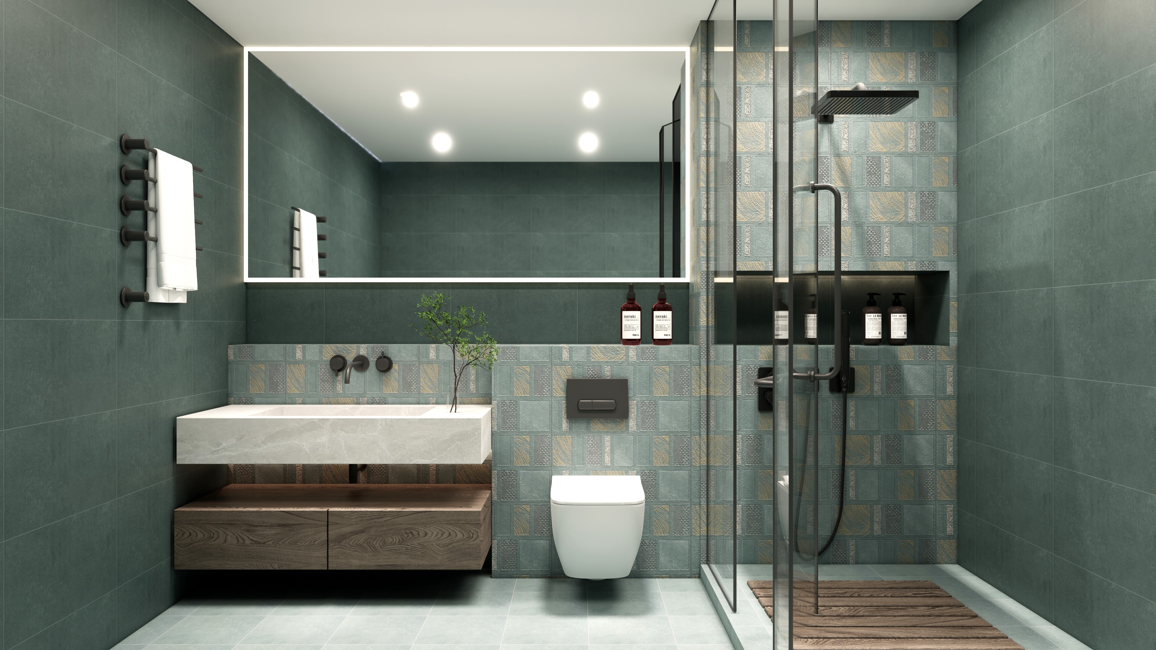 Modern Green Oasis Bathroom with Ceramic Matte Tiles | Material Depot