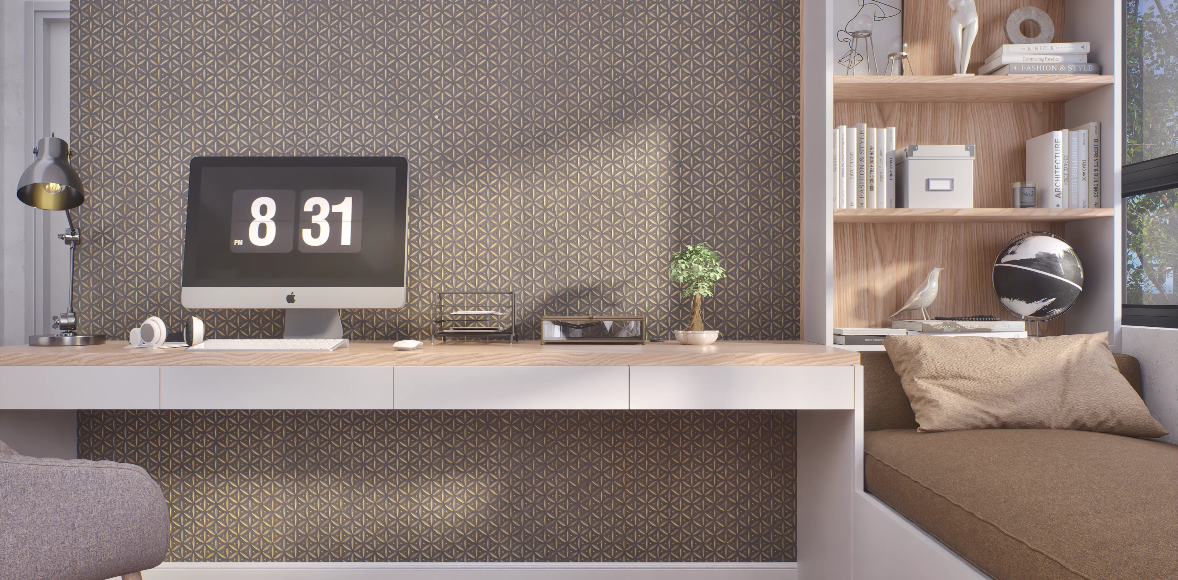 Modern Home Office with Geometric Wallpaper | Material Depot