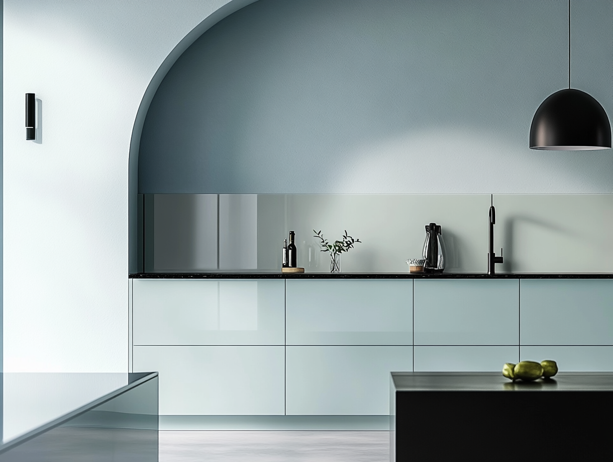 Modern Ice Blue Kitchen with Sleek Curved Design | Material Depot