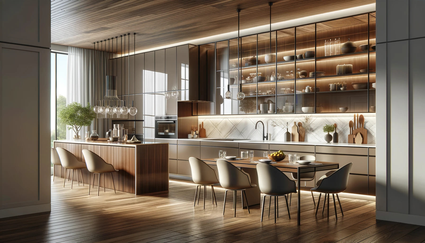 Modern Kitchen Brilliance with Contrasting Wood and Reflective Surfaces | Material Depot