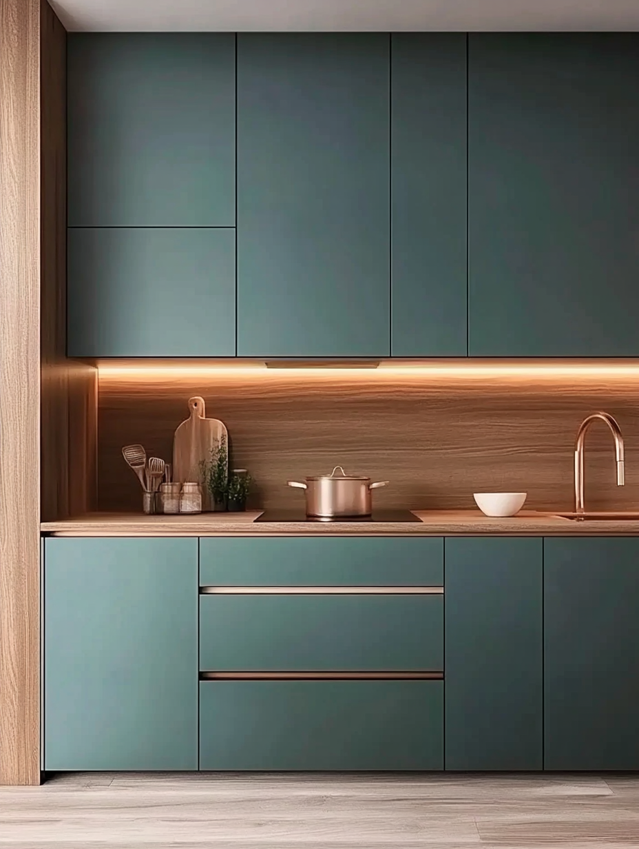 Modern Kitchen Charm with Deep Teal Cabinets and Natural Wood Highlights | Material Depot