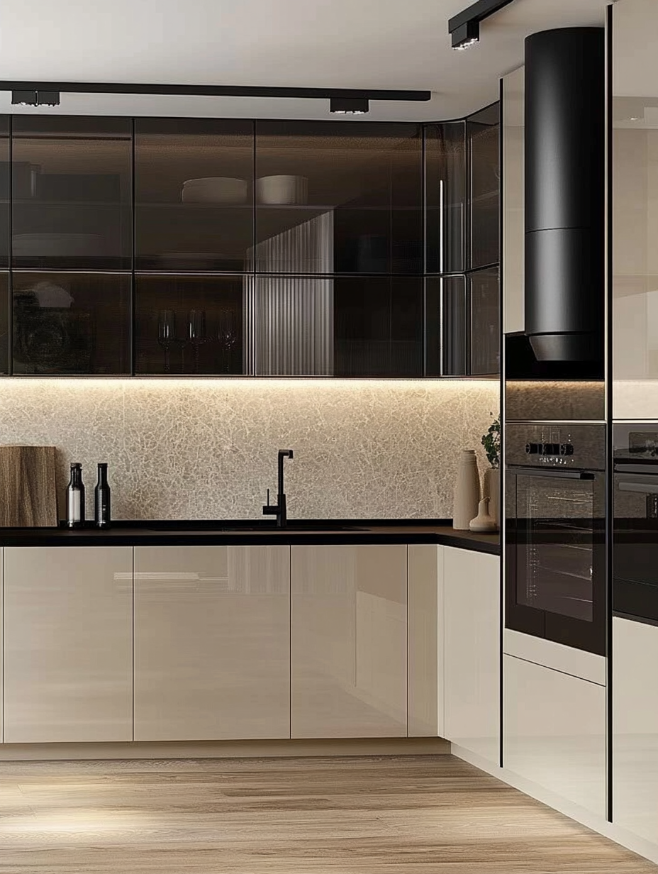 Modern Kitchen Design Featuring High-Gloss Cabinets and Textured Backsplash | Material Depot