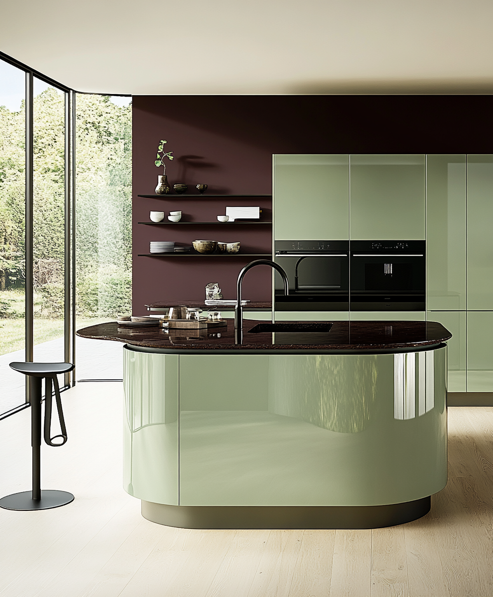 Modern Kitchen Design with Green Curved Island and Maroon Walls | Material Depot