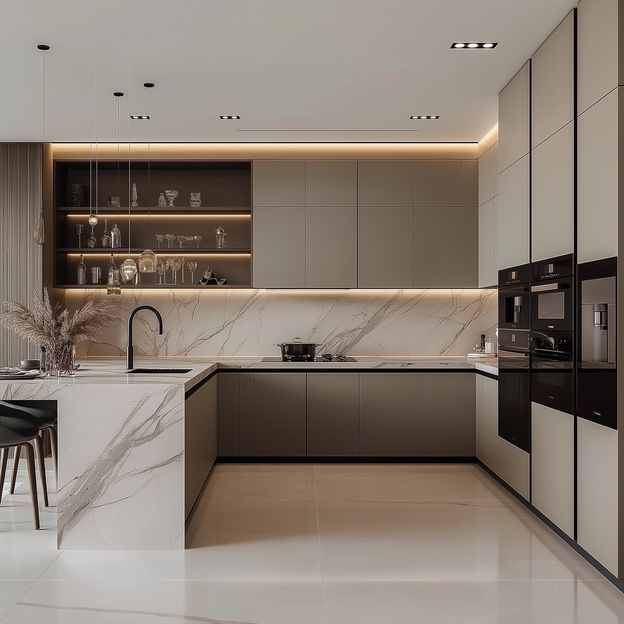 Modern Kitchen Design with Sleek Wood Accents and Contemporary Hanging Lighting | Material Depot