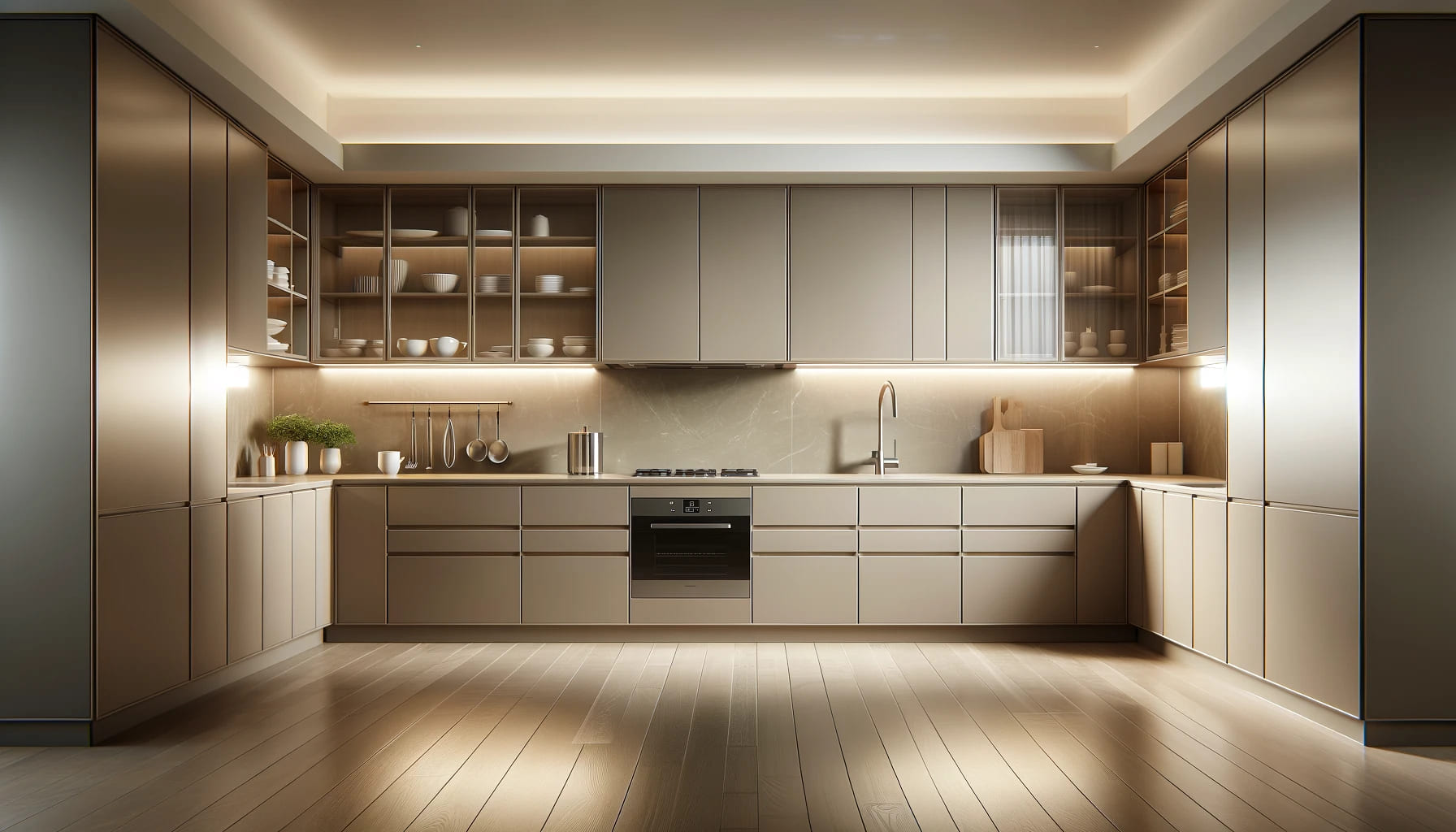 Modern Kitchen Elegance Wrapped in Warm Tones and Soft Lighting | Material Depot