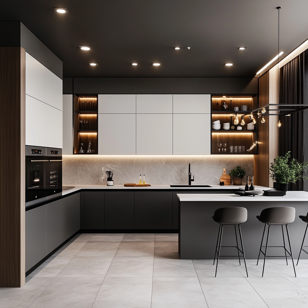 Modern Kitchen with Black and White Contrast and Subtle Warm Lighting | Material Depot