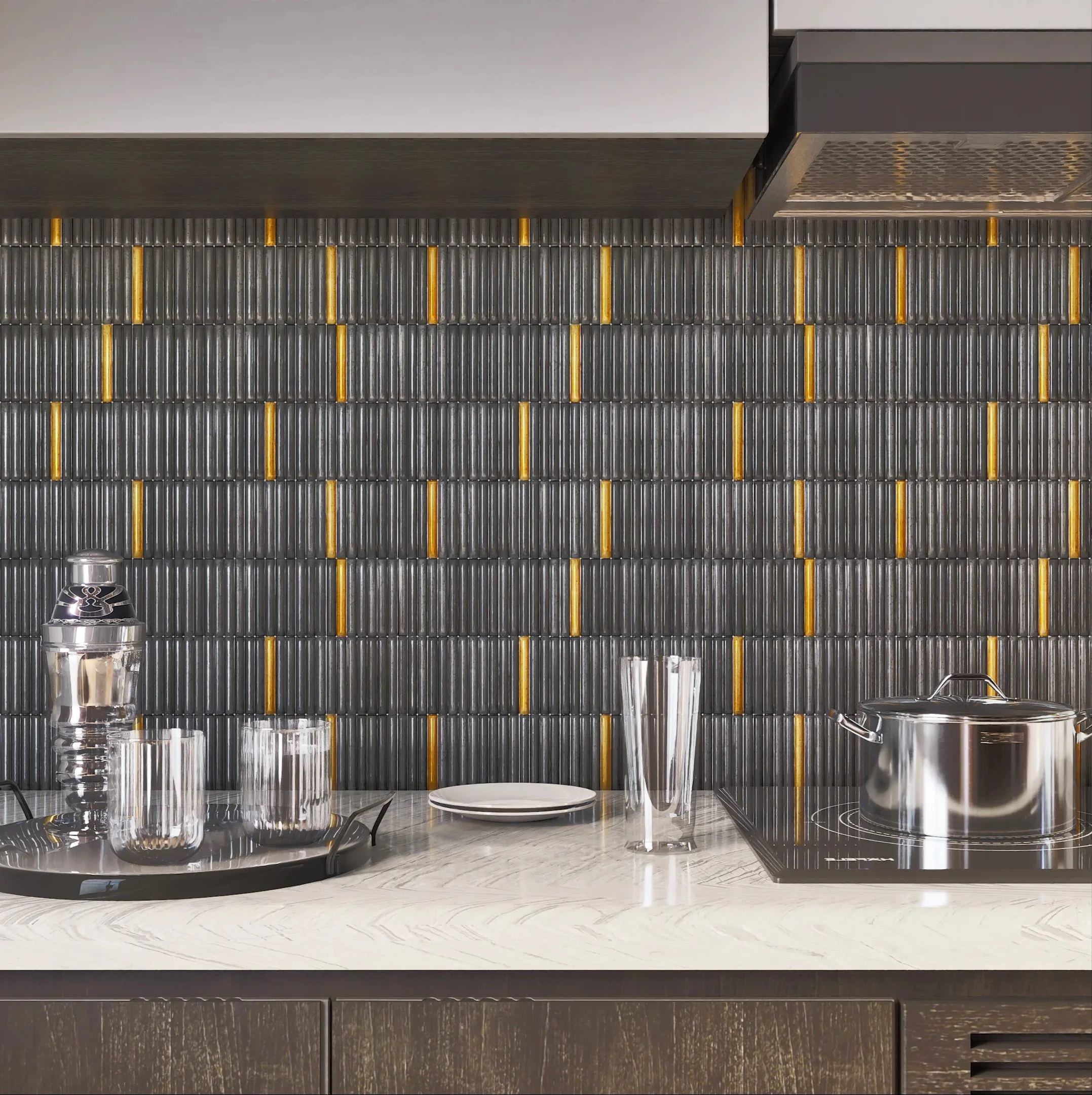 Modern Kitchen with Black and Yellow Textured Tiles | Material Depot