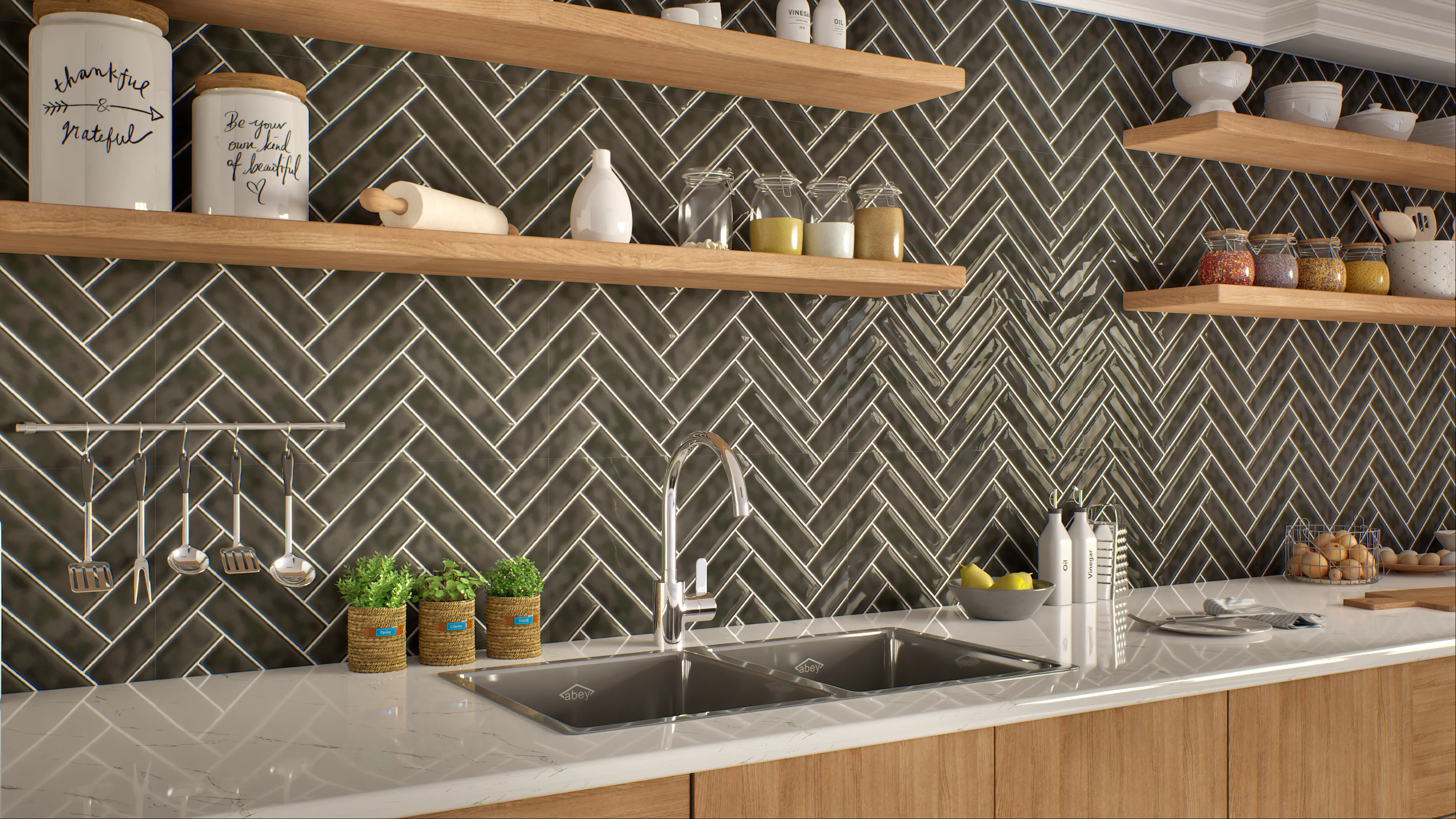 Modern Kitchen with Black Herringbone Tile Backsplash | Material Depot