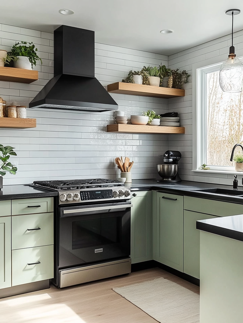 Modern Kitchen with Black Hood and Open Shelving Showcasing a Fresh and Functional Design | Material Depot