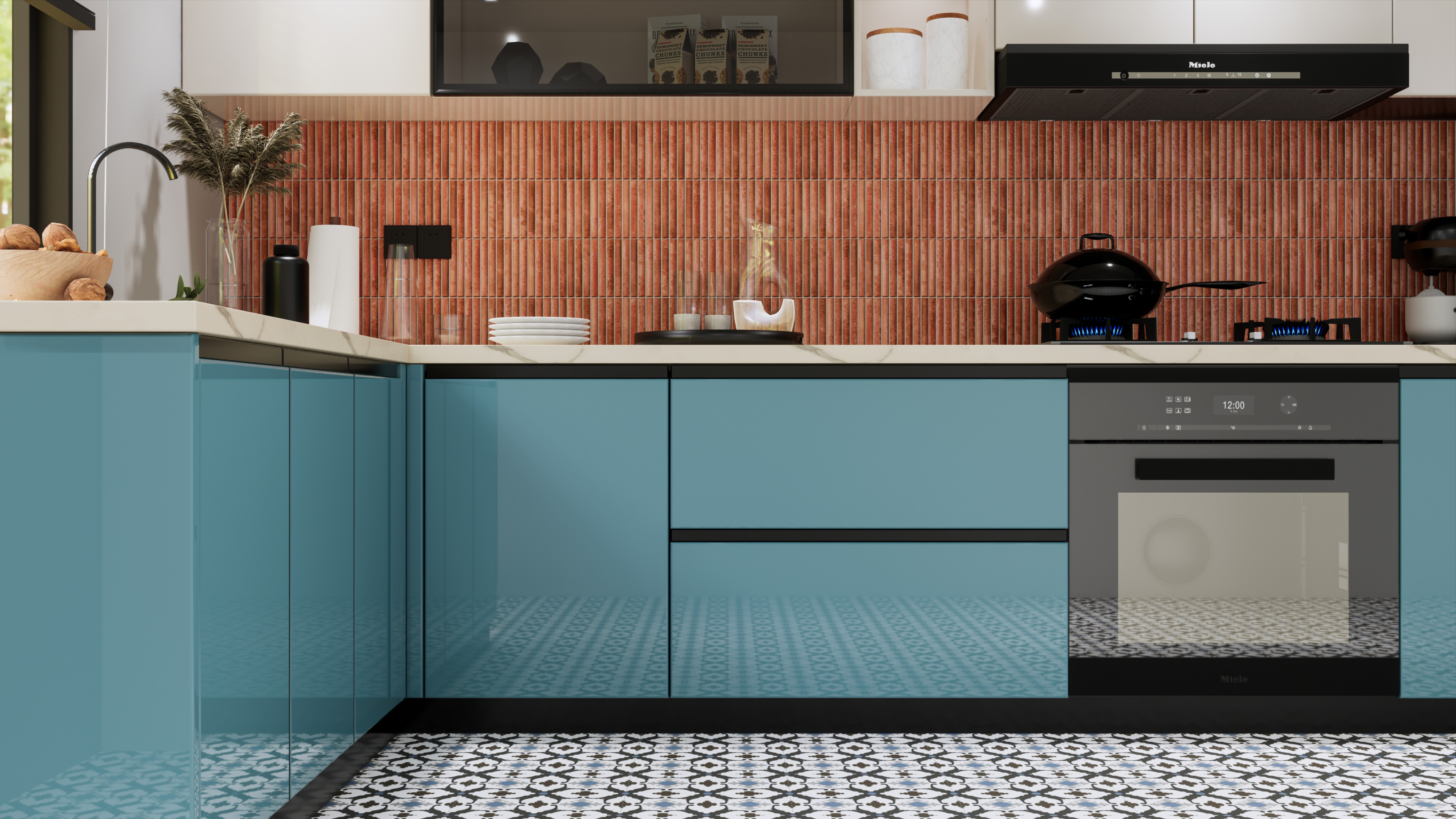 Modern Kitchen with Blue Cabinets and Terracotta Backsplash | Material Depot