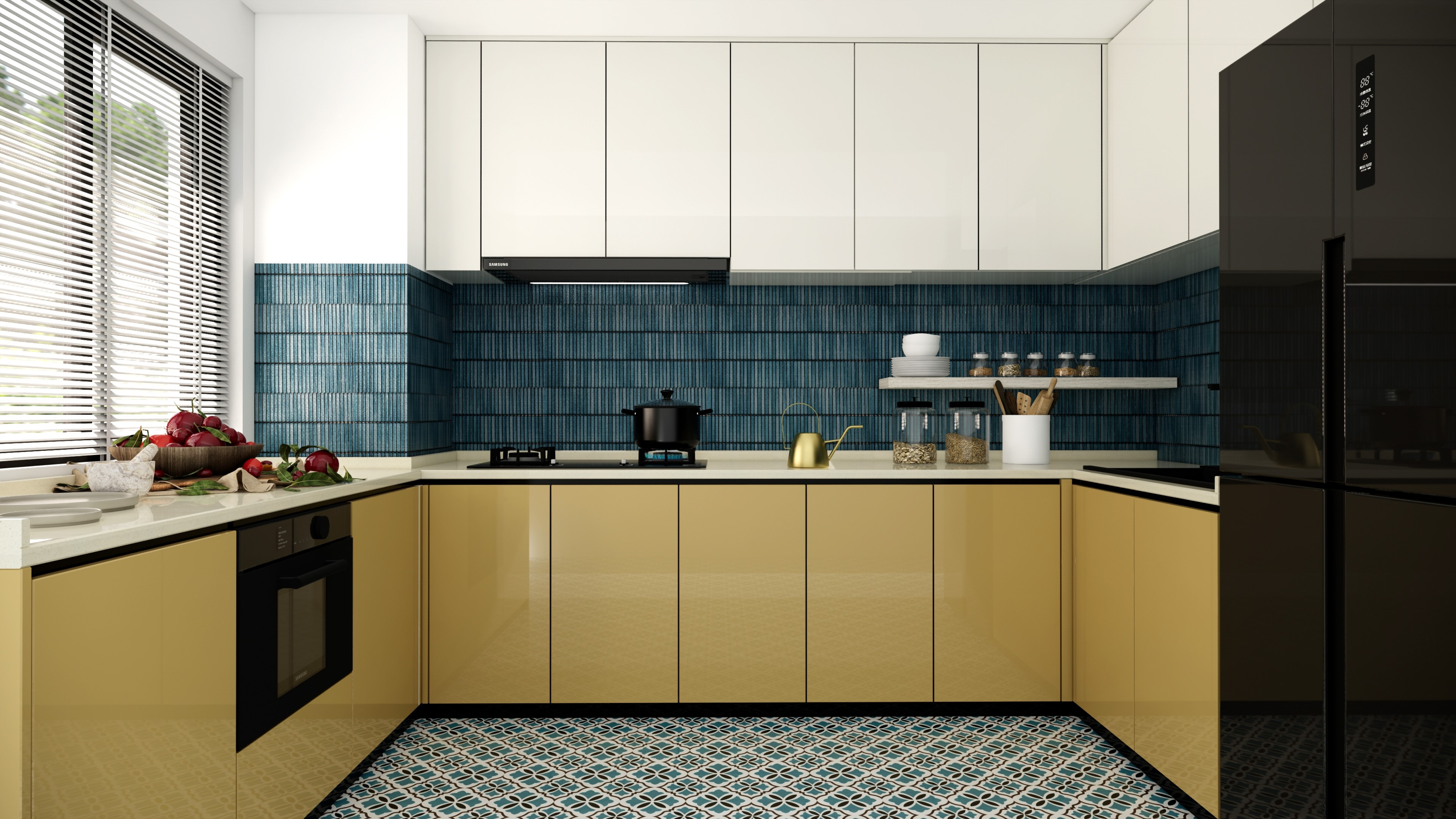 Modern Kitchen with Blue Subway Tiles and Mustard Glossy Cabinets | Material Depot