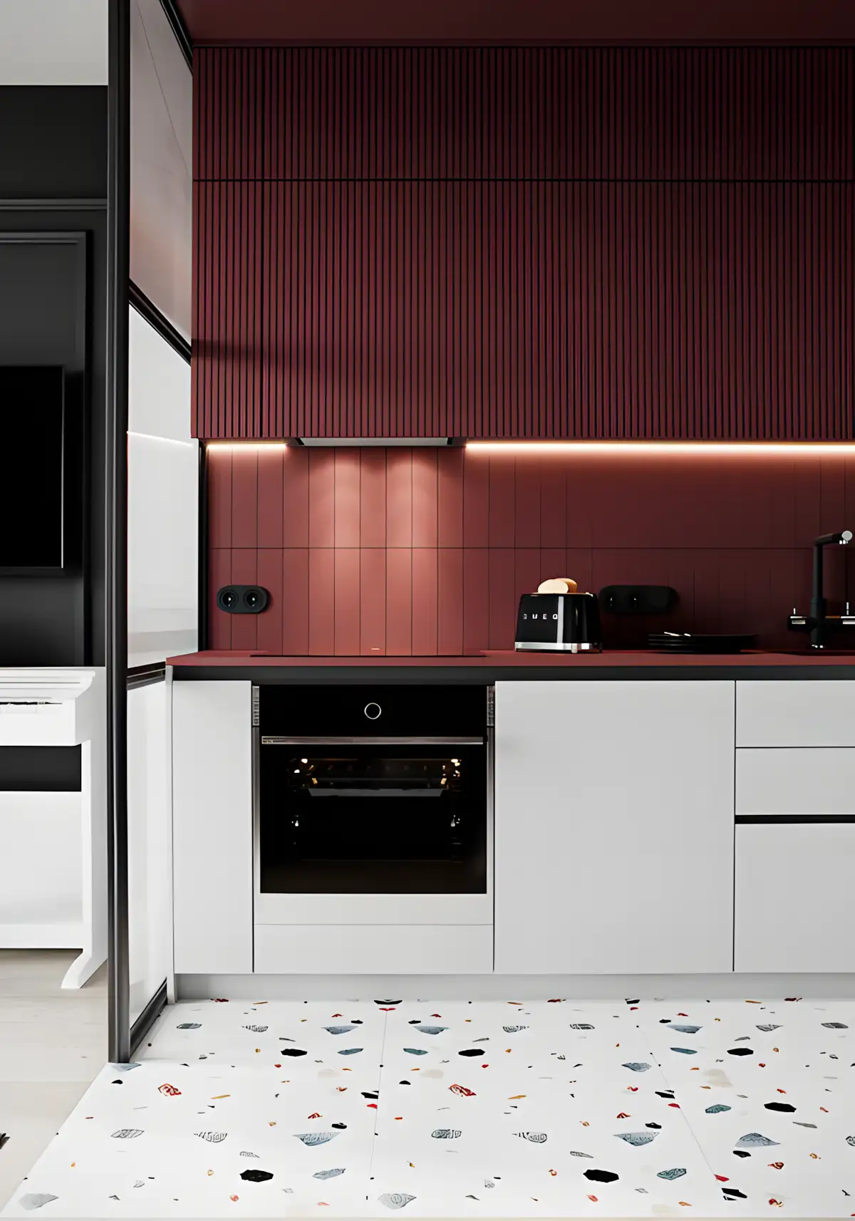 Modern Kitchen with Bold Burgundy Accents and Terrazzo Flooring | Material Depot