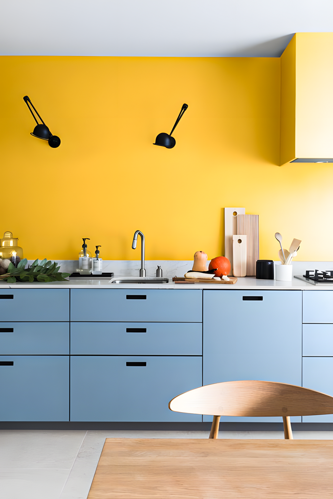 Modern Kitchen With Bold Yellow Walls And Blue Laminate Cabinets | Material Depot