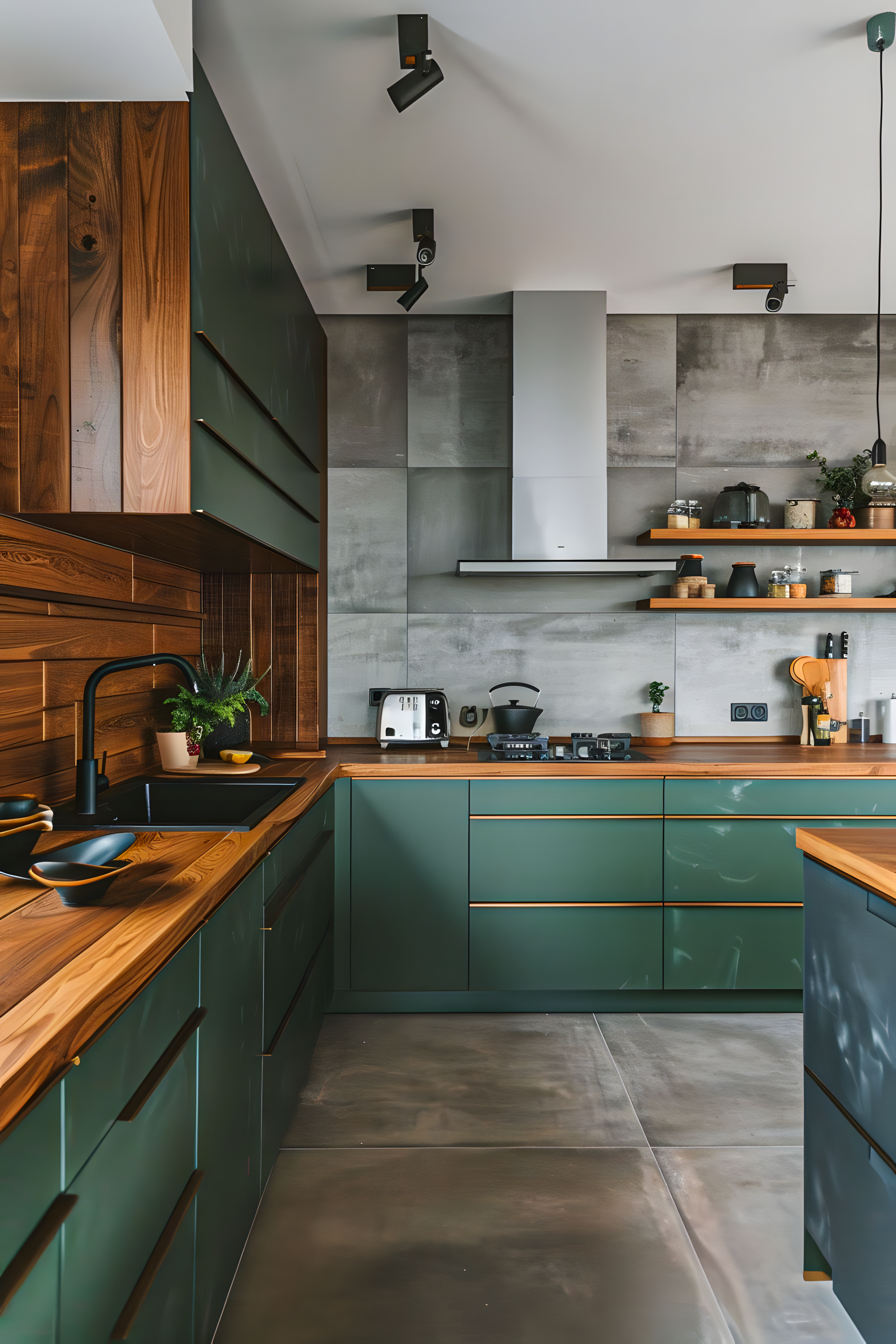 Modern Kitchen with Dark Green Cabinets and Industrial Accents | Material Depot