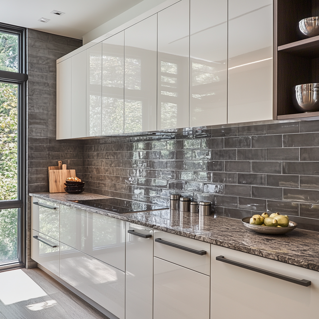 Modern Kitchen with Dark Stone Backsplash and Sleek White Cabinetry | Material Depot