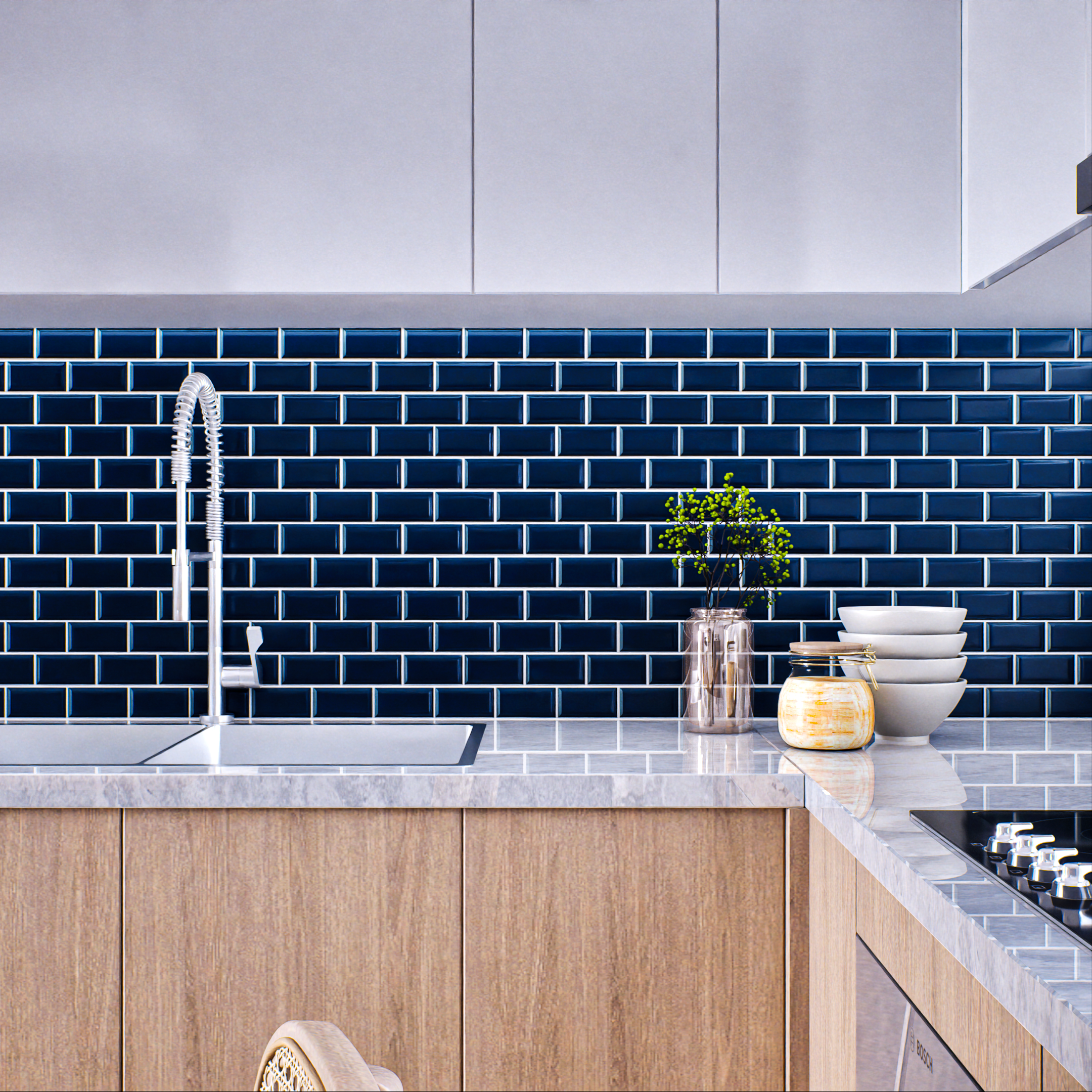 Modern Kitchen with Deep Blue Subway Tile Backsplash and Wooden Cabinets | Material Depot