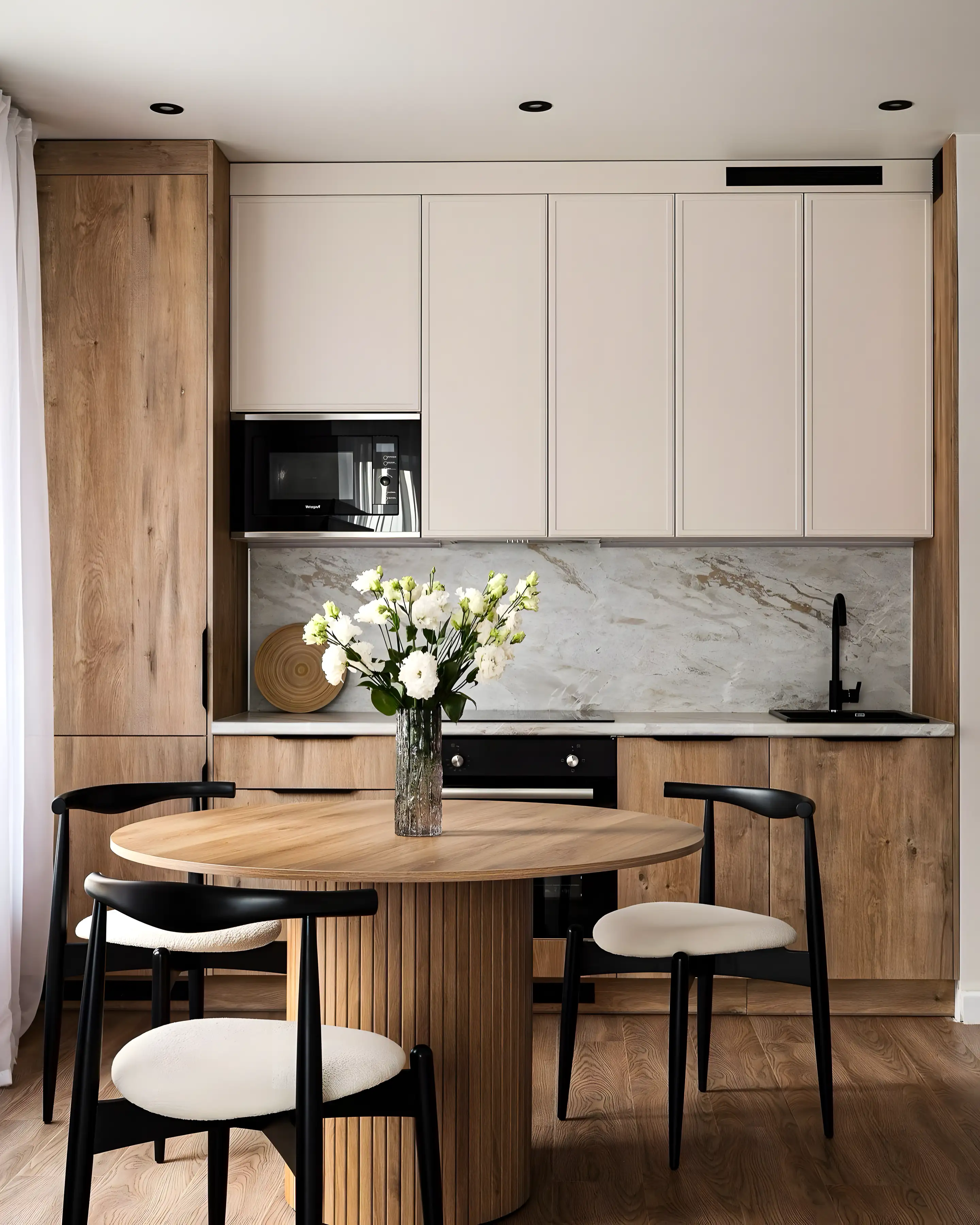 Modern Kitchen with Elegant Wood Accents and Marble Backsplash | Material Depot