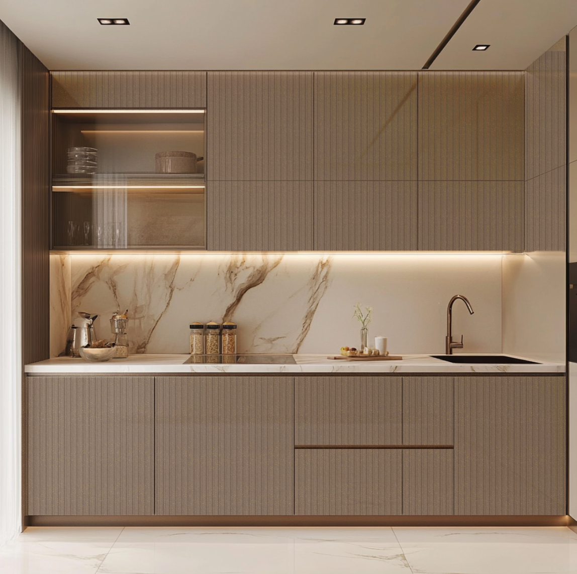 Modern Kitchen with Fluted Acrylic Cabinets and Marble Backsplash | Material Depot