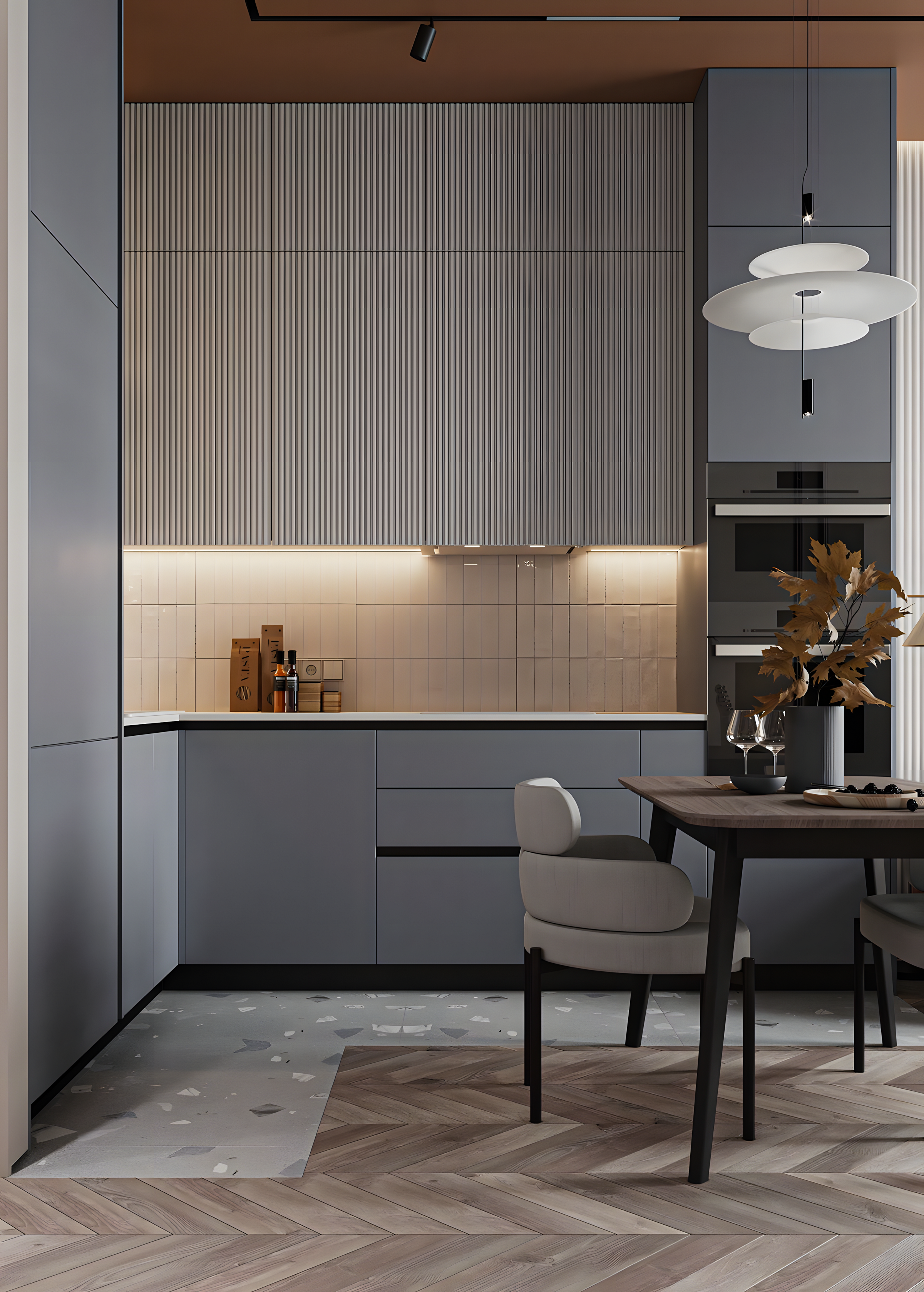 Modern Kitchen with Gray Cabinets and Herringbone Flooring | Material Depot