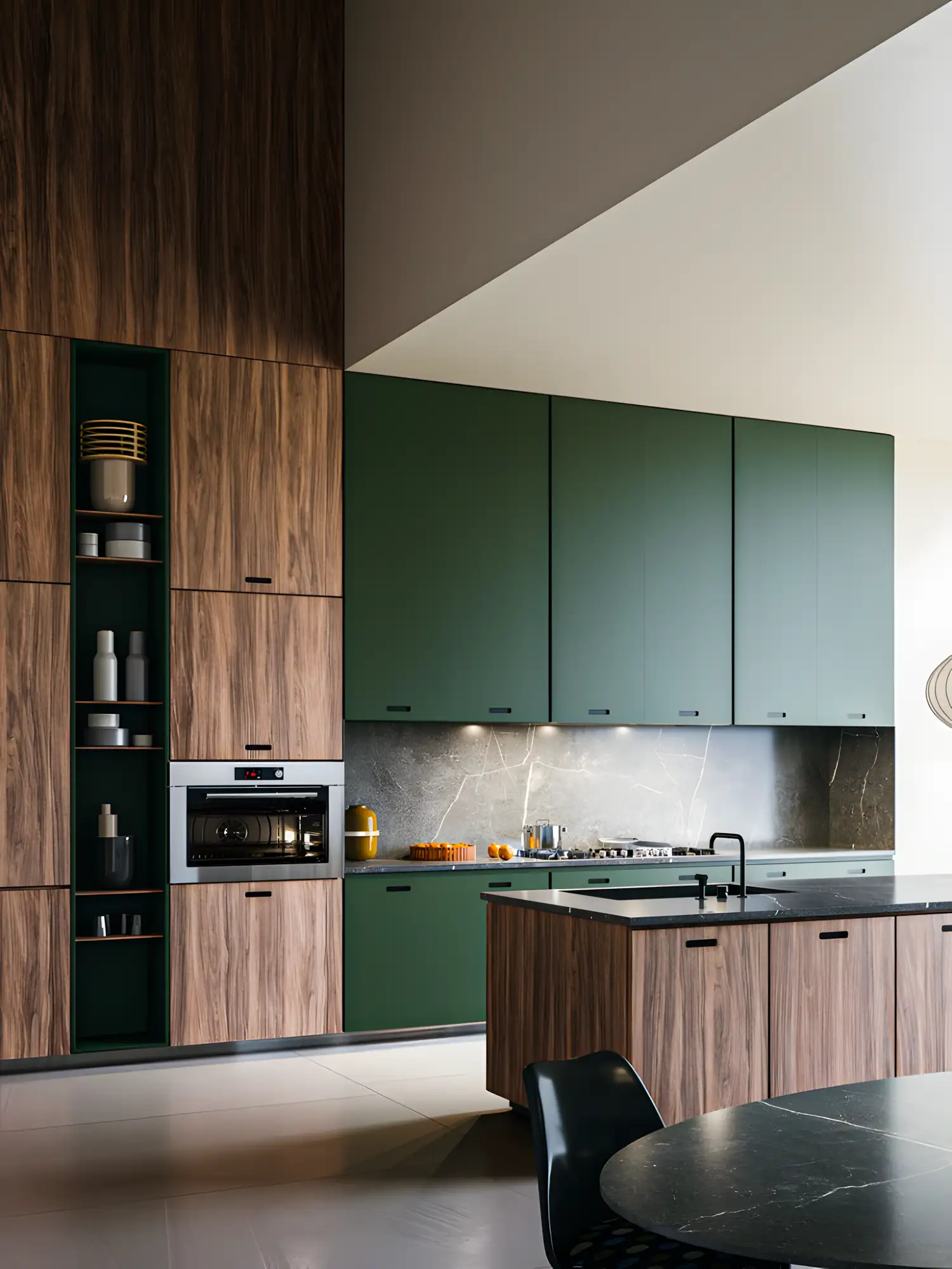 Modern Kitchen With Green And Wood Cabinets | Material Depot