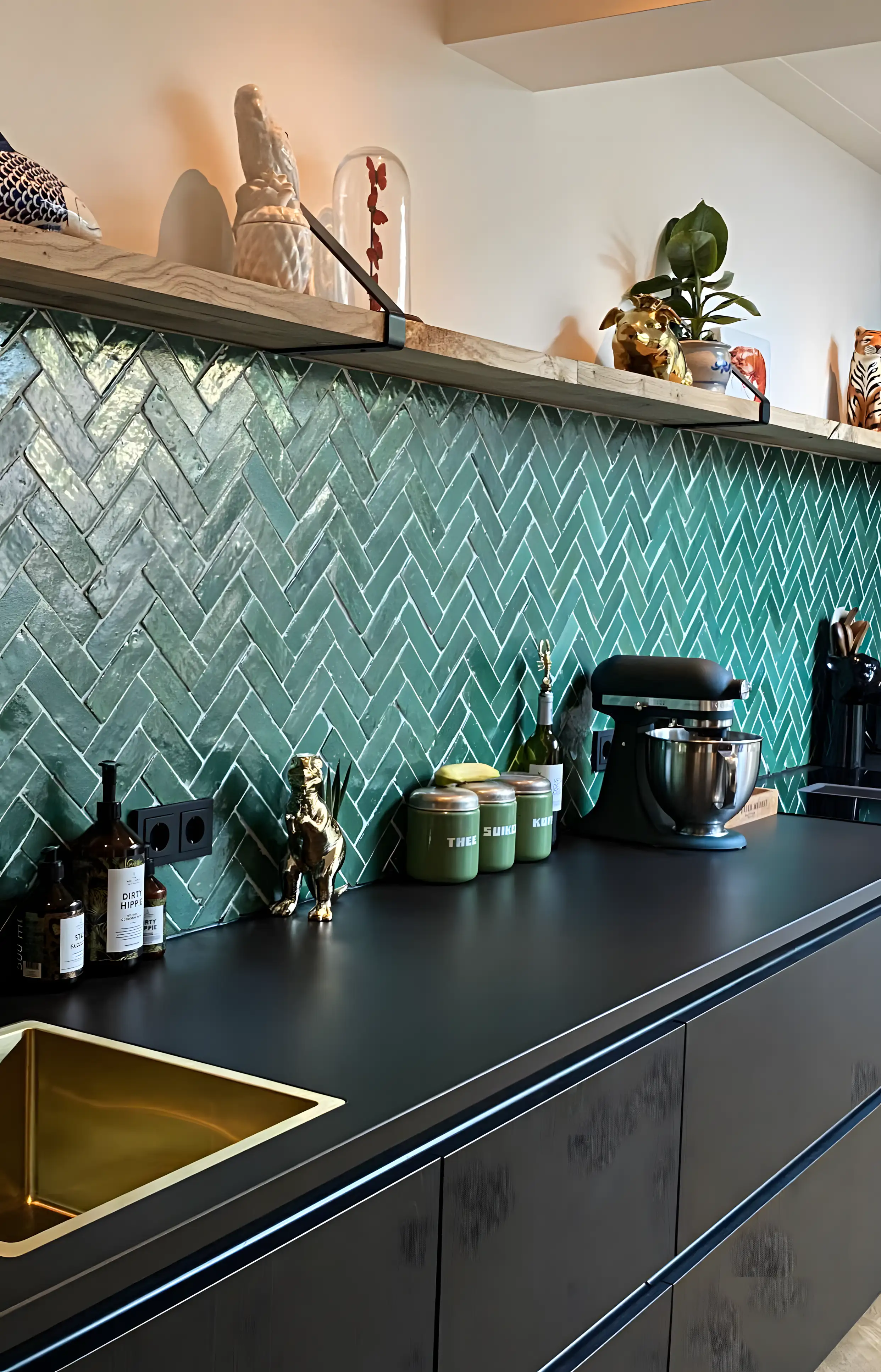 Modern Kitchen with Green Chevron Tile Backsplash | Material Depot