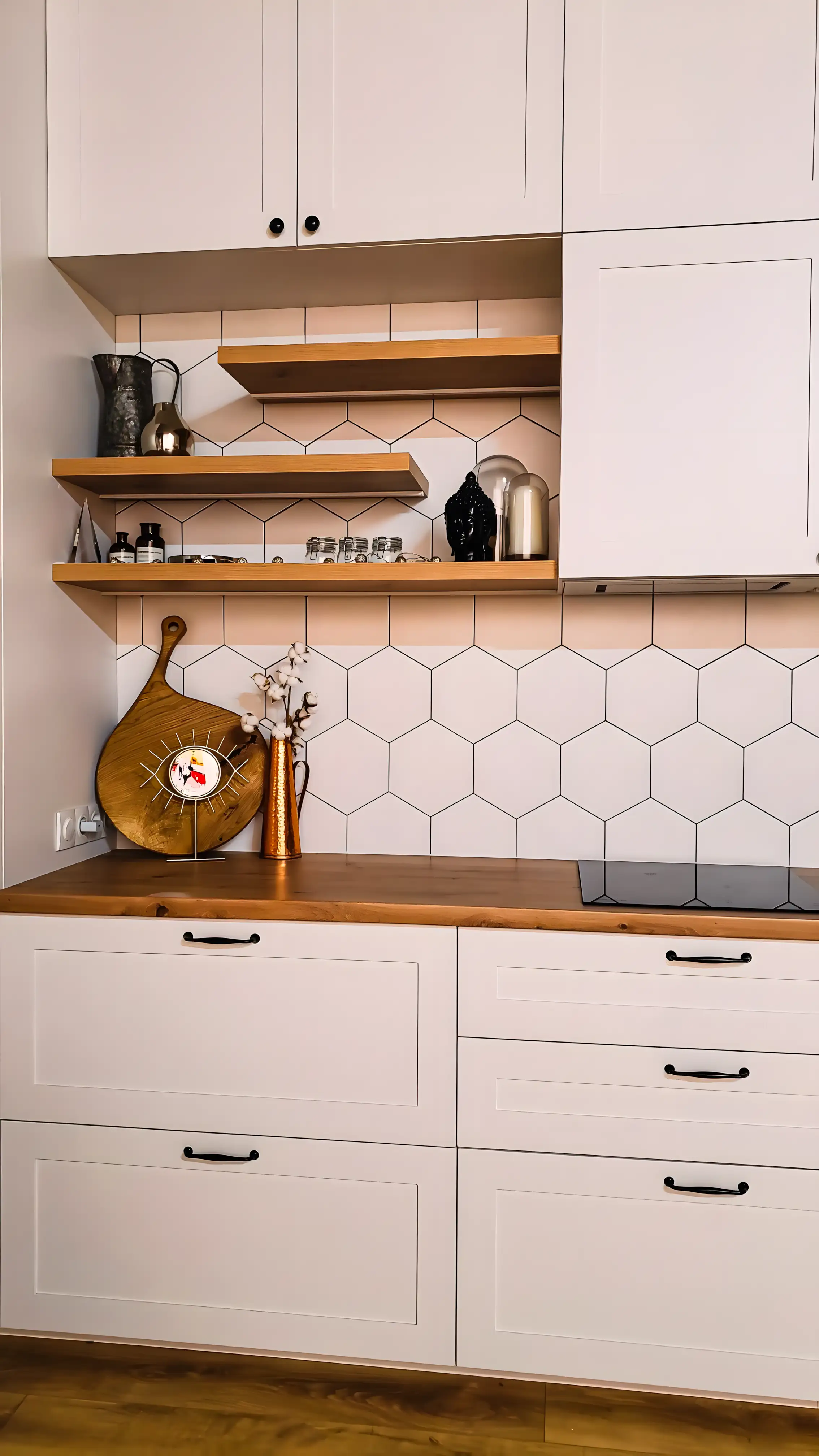 Modern Kitchen with Hexagonal Tiles and Open Shelving | Material Depot