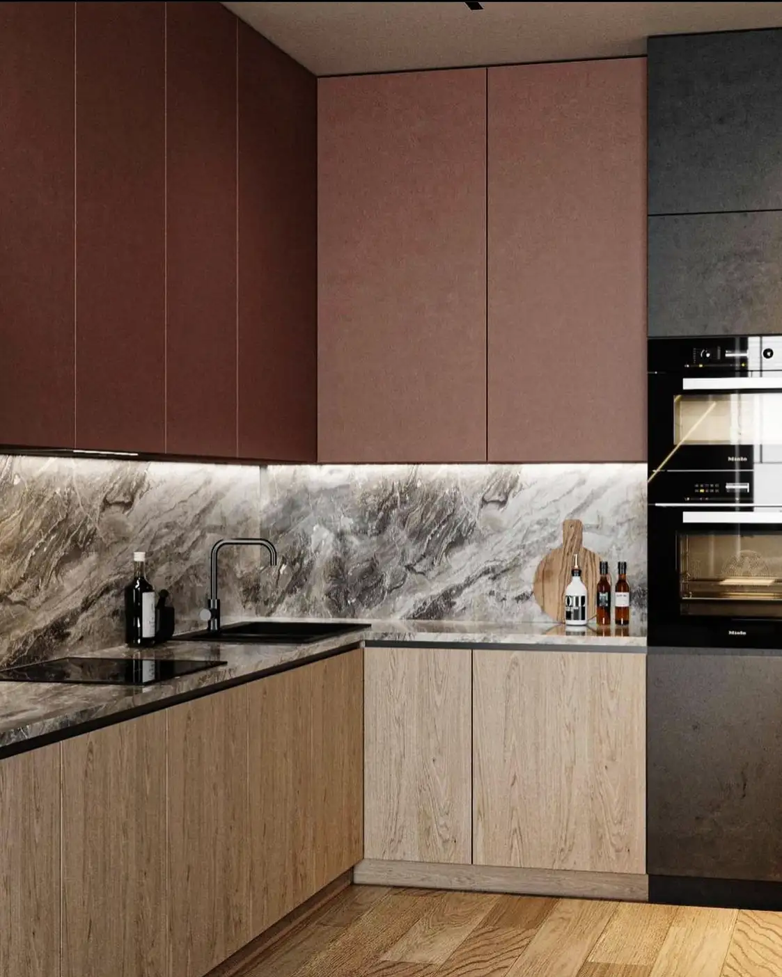 Modern Kitchen with Marble Backsplash and Earthy Tones | Material Depot