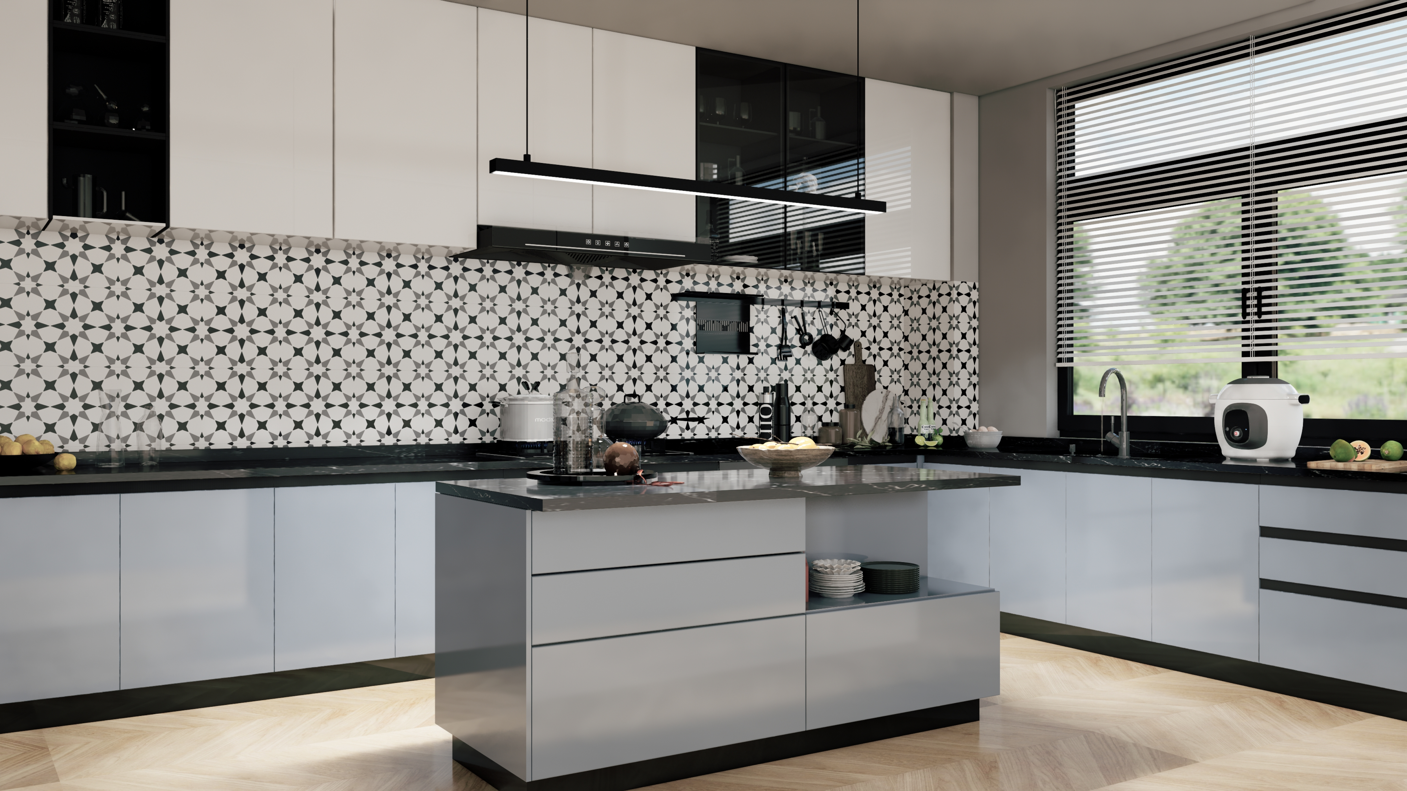 Modern Kitchen with Monochrome Patterned Tiles and Island Counter | Material Depot