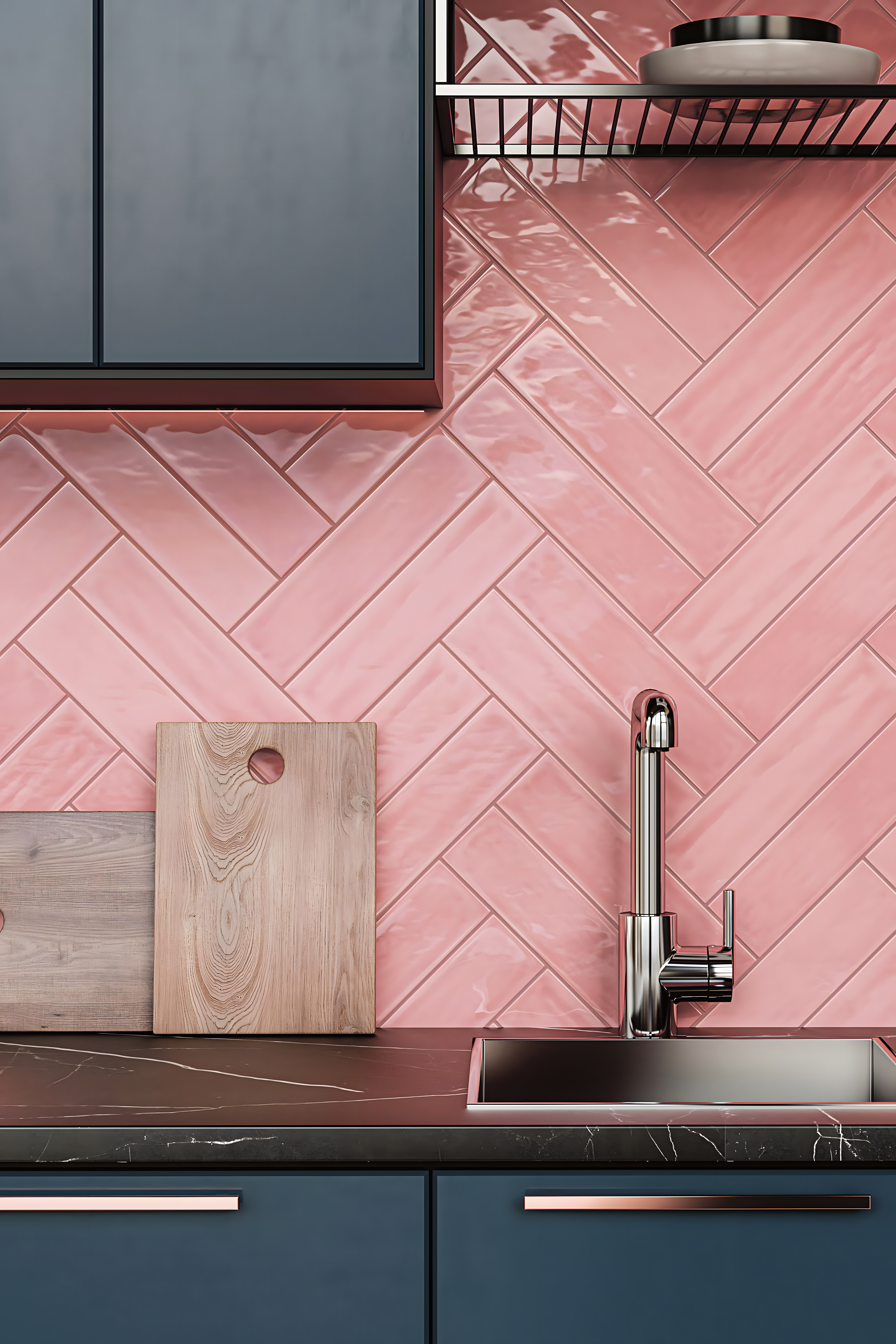 Modern kitchen with navy cabinetry, pink herringbone backsplash, and black marble countertop for a bold look. | Material Depot