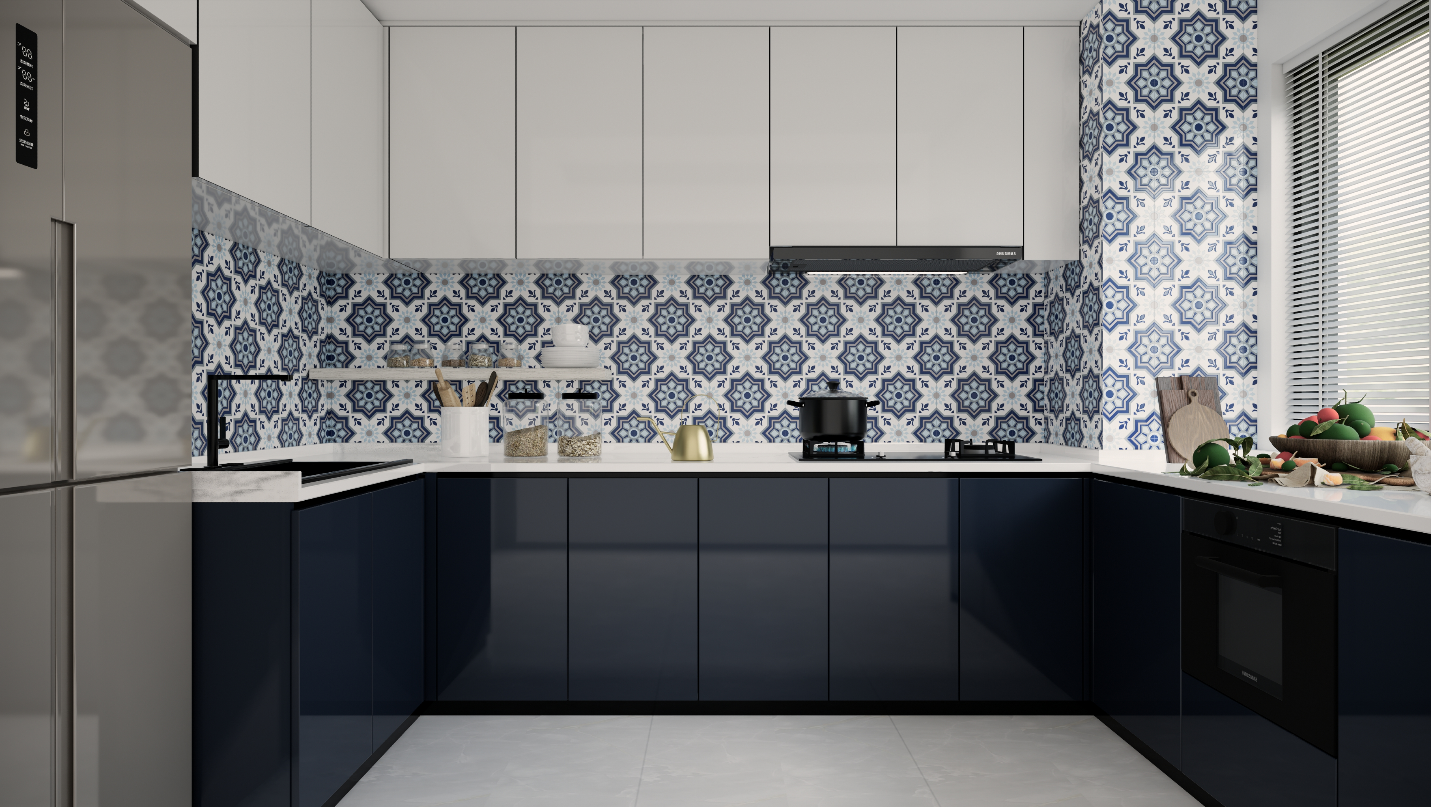 Modern Kitchen with Navy Cabinets and Blue Moroccan Tiles | Material Depot