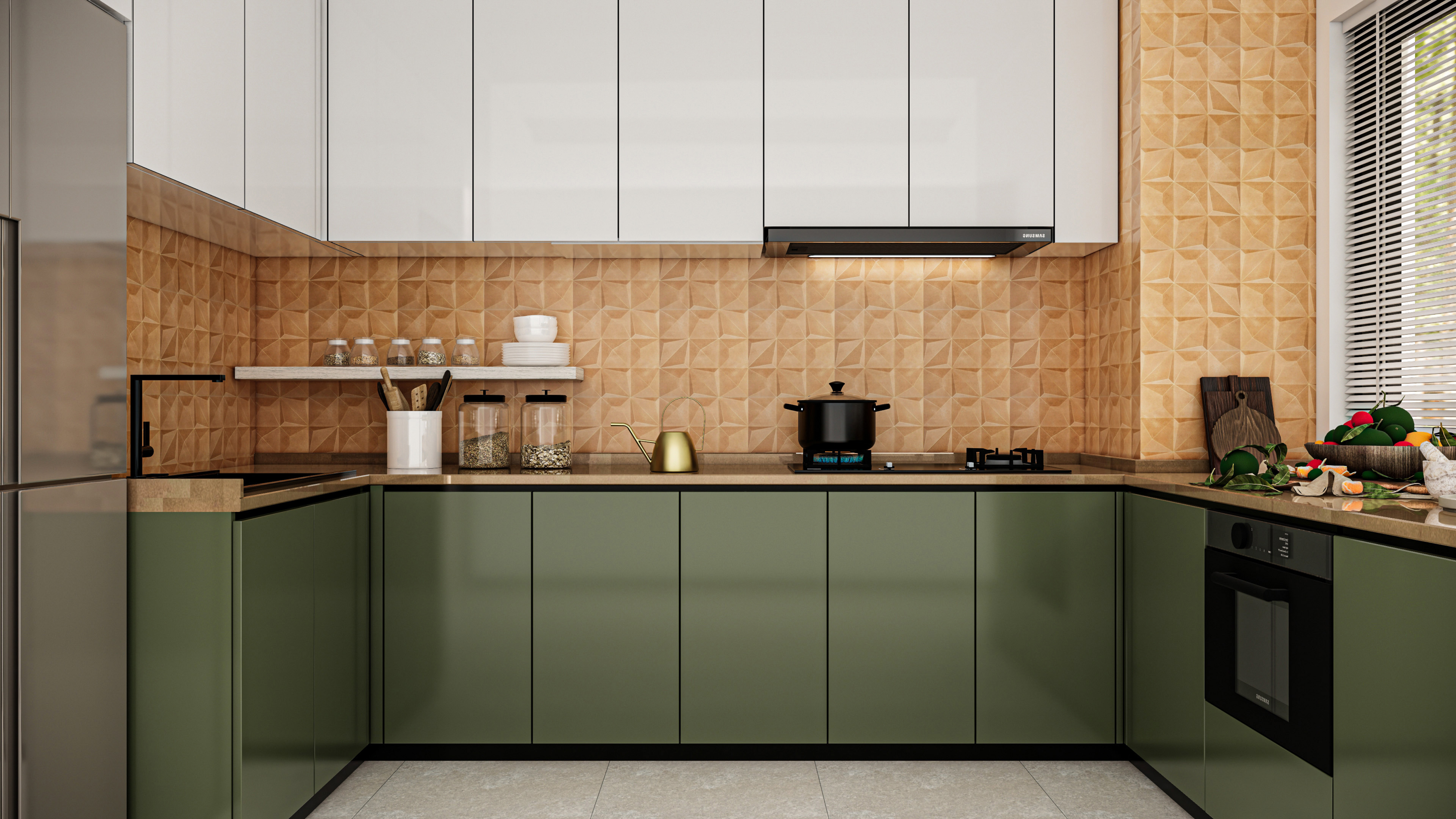 Modern Kitchen with Olive Cabinets and 3D Beige Tiles | Material Depot