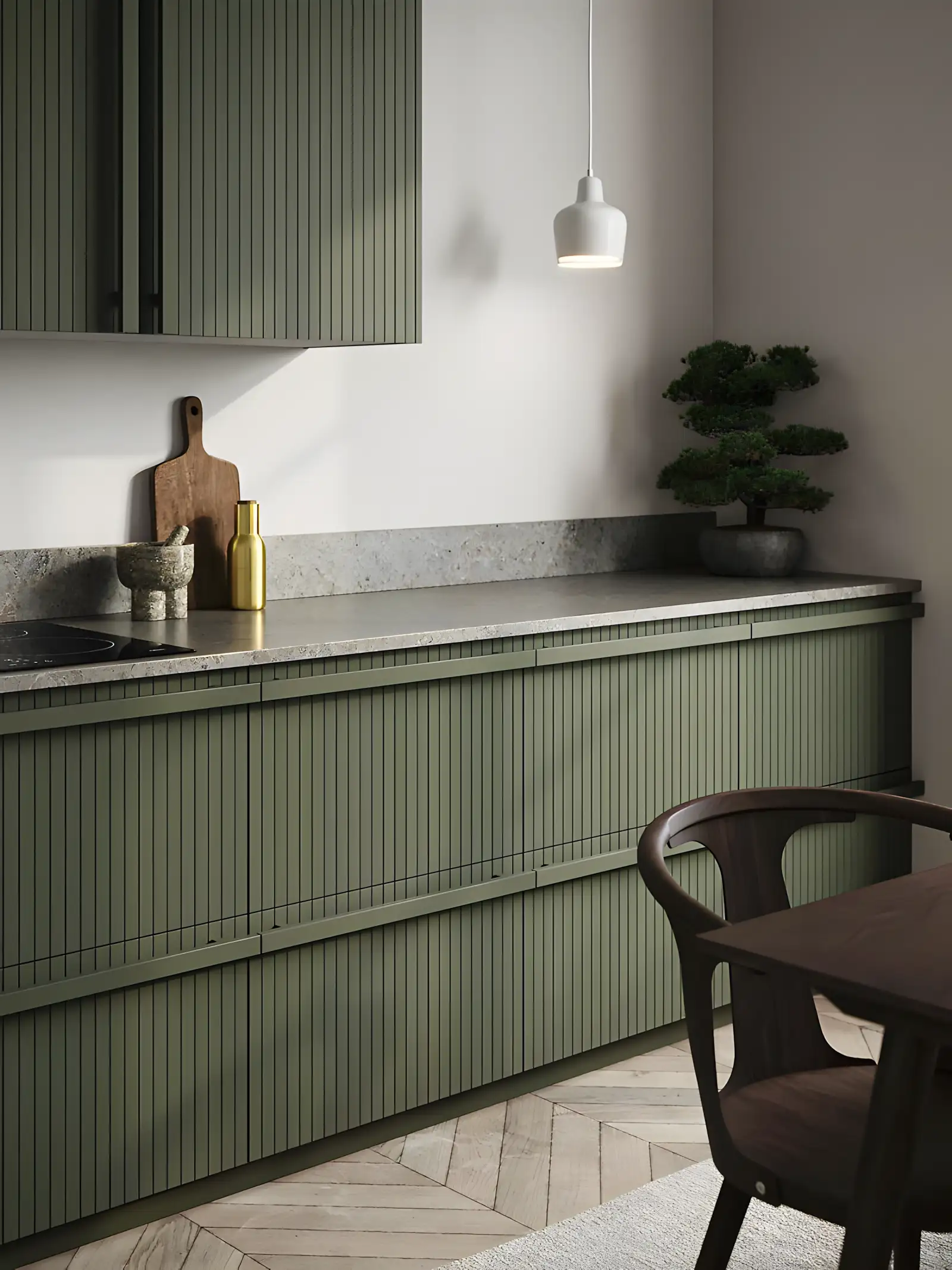 Modern Kitchen with Olive Green Fluted Cabinets and Natural Accents | Material Depot