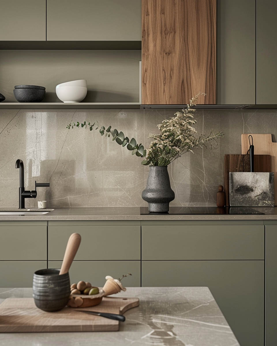 Modern Kitchen with Sage Green Cabinets and Natural Elements | Material Depot