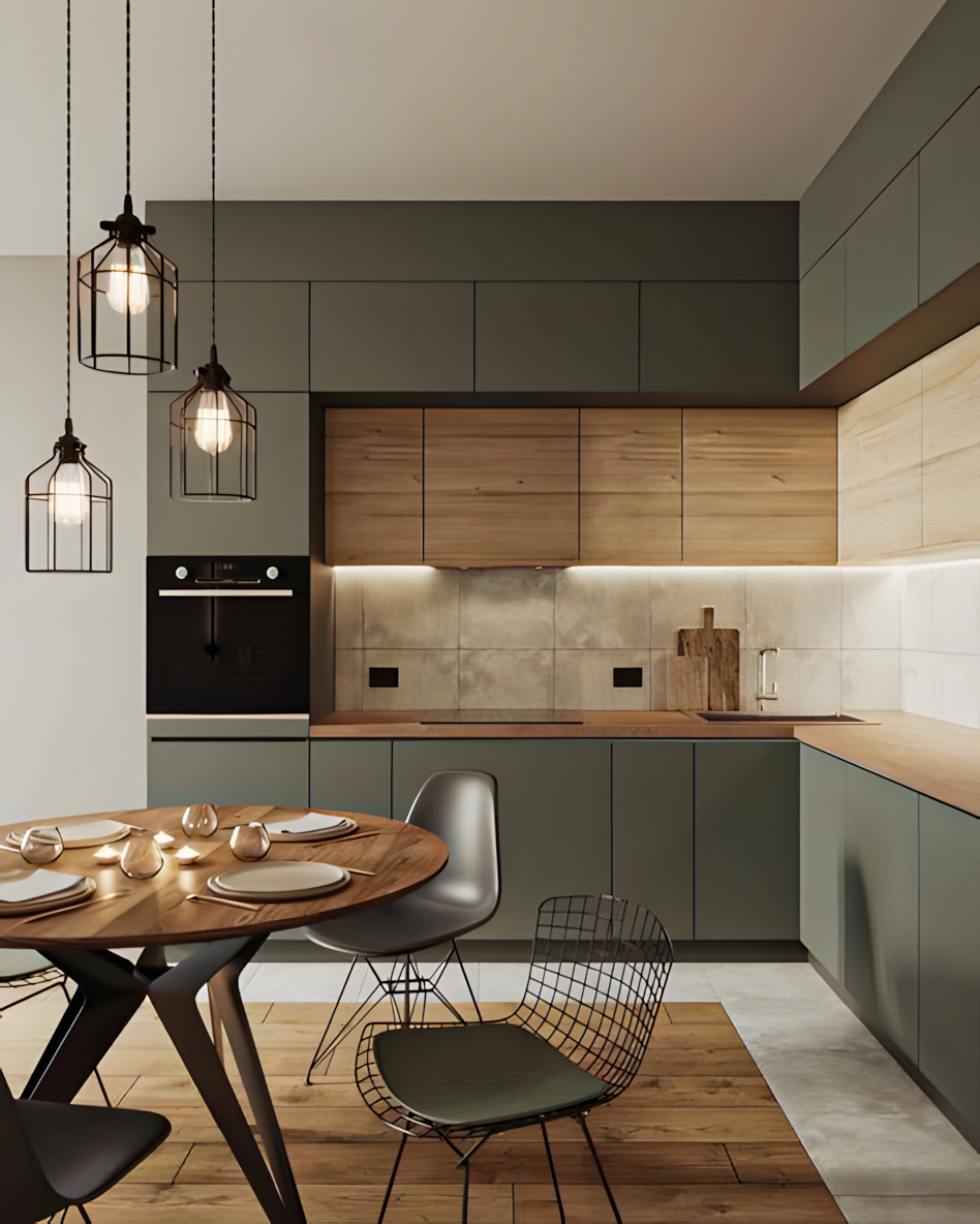 Modern Kitchen with Sage Green Cabinets and Wood Accents | Material Depot