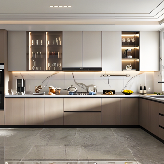 Modern Kitchen with Sleek Wooden, Pastel Design and Marble Accents | Material Depot