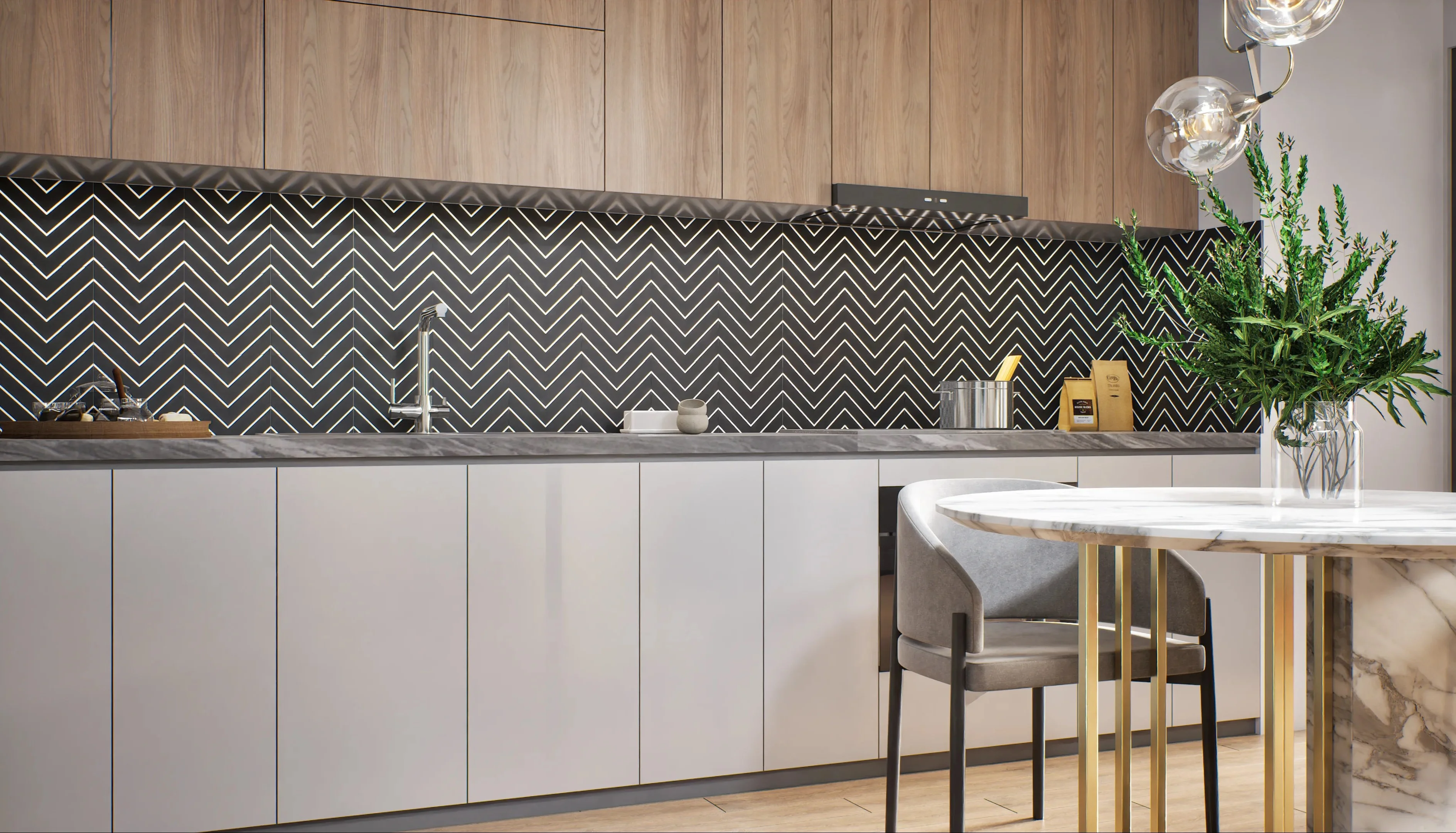 Modern Kitchen with Striking Chevron-Patterned Wall | Material Depot