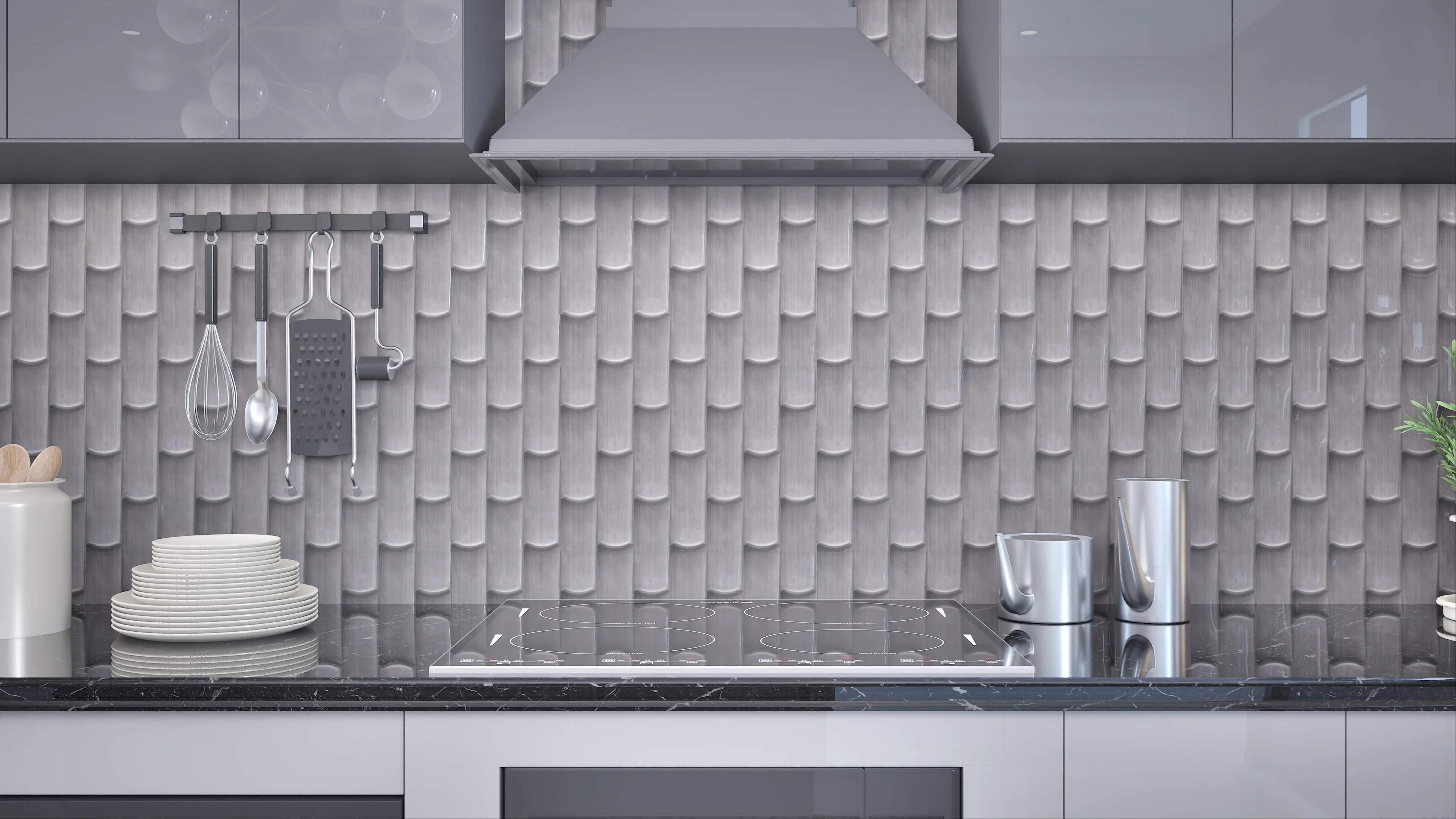 Modern Kitchen with Textured Gray Backsplash | Material Depot