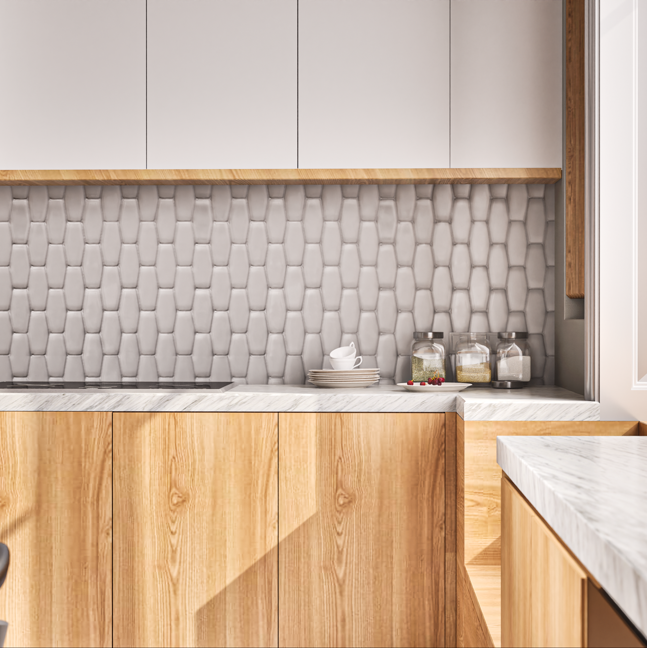 Modern Kitchen with Textured Grey Tile Backsplash | Material Depot