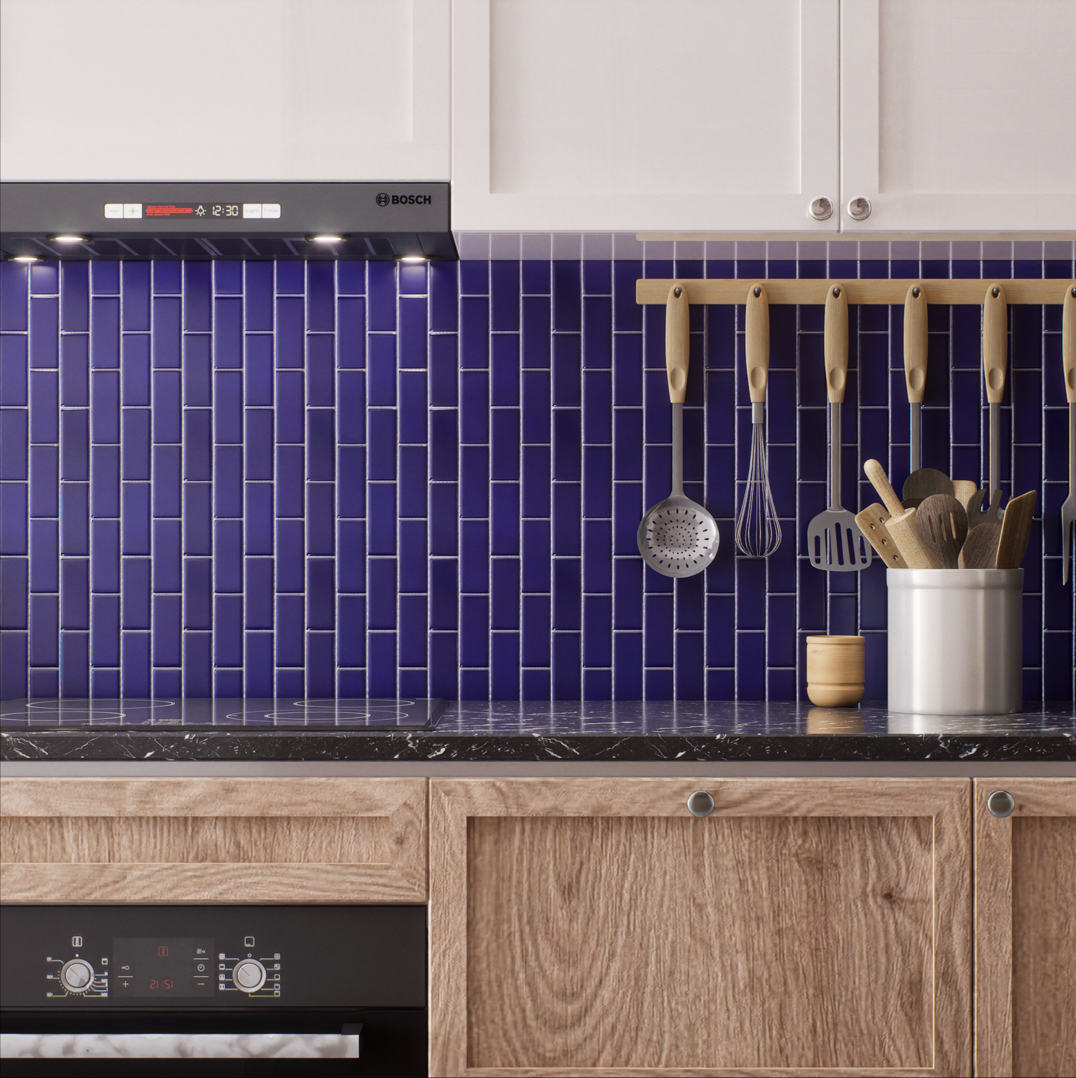 Modern Kitchen with Vibrant Blue Vertical Subway Tile Backsplash and Wooden Cabinets | Material Depot