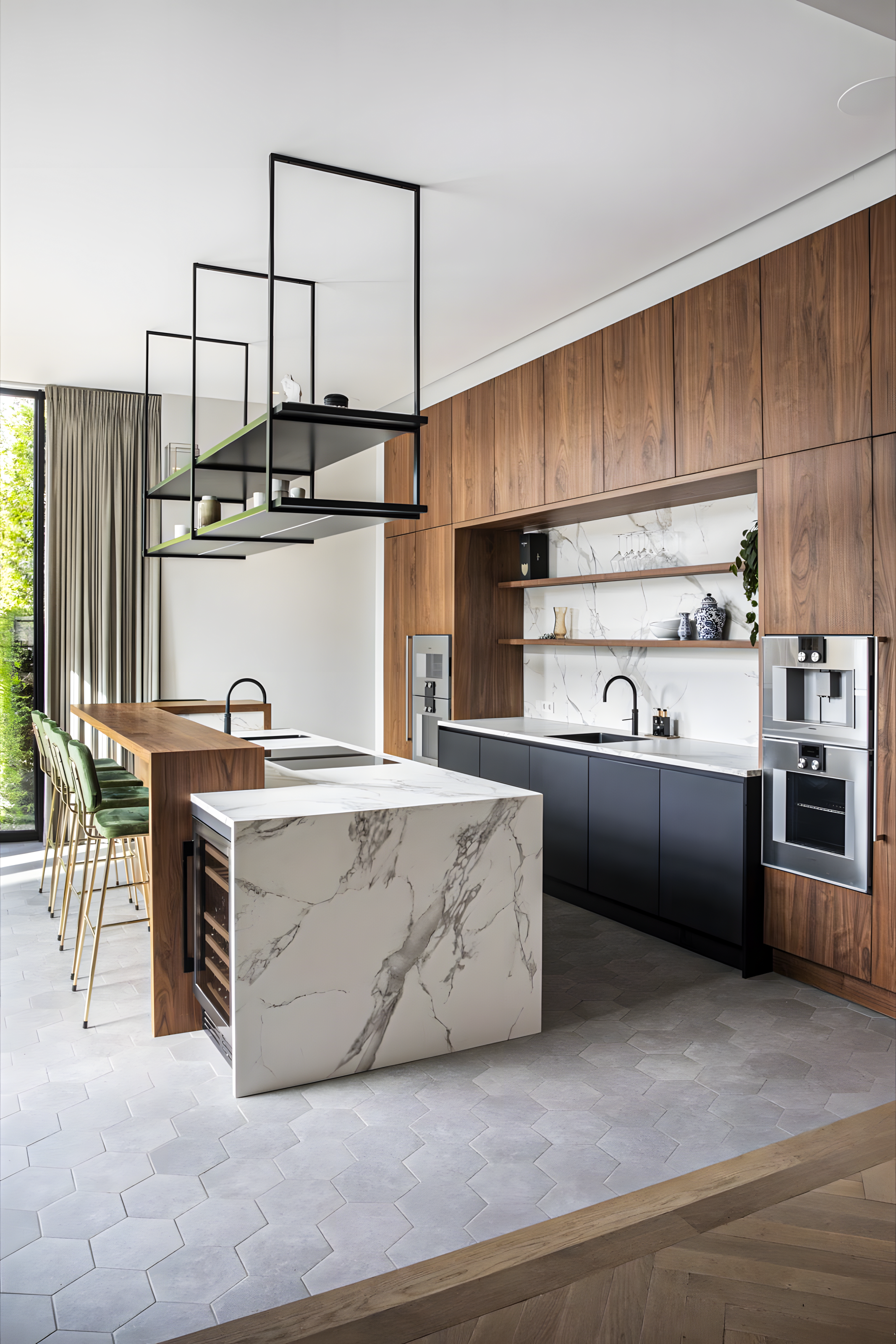 Modern kitchen with walnut cabinetry, marble island, and open shelving for a chic, contemporary look. | Material Depot