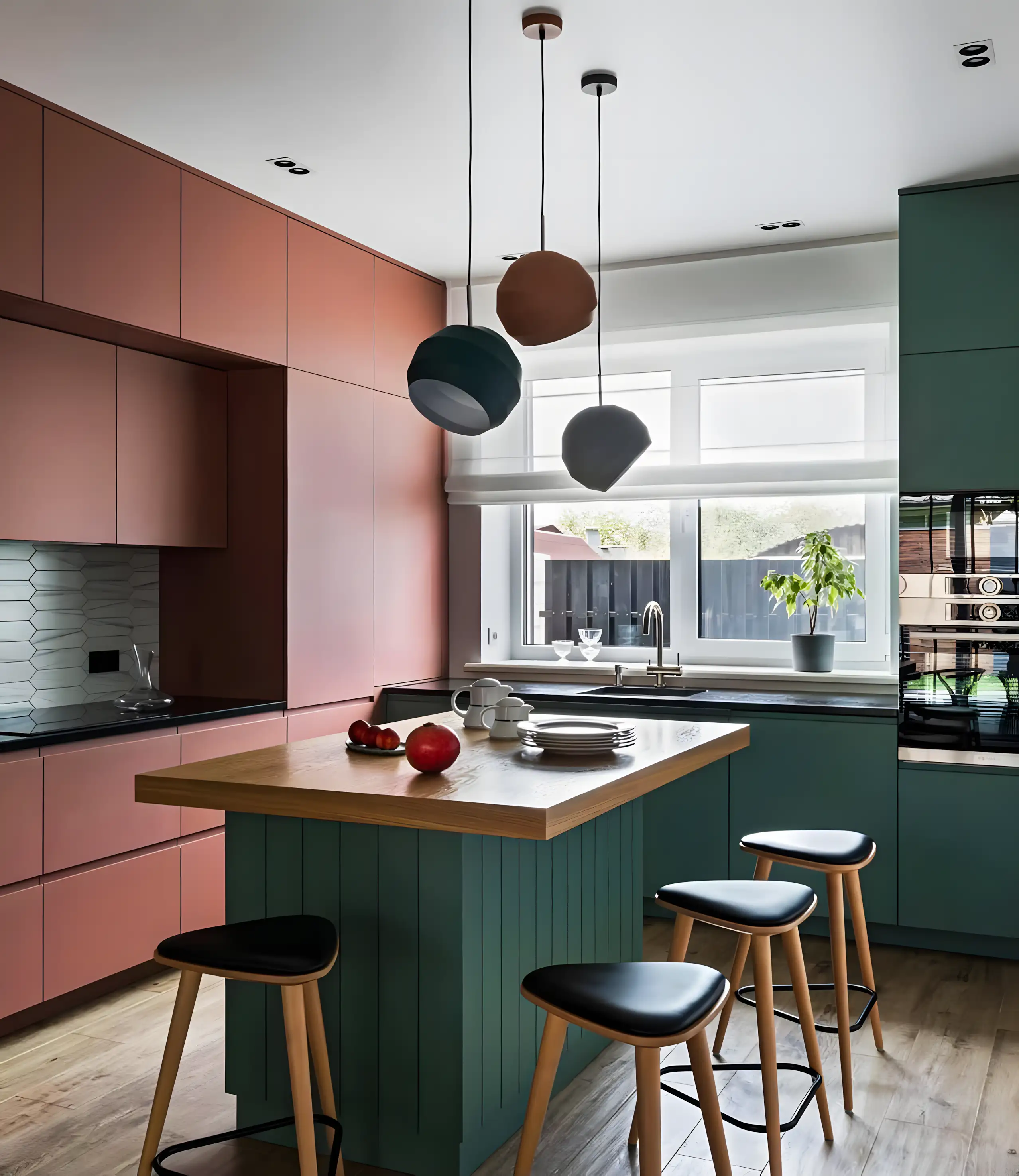 Dark Blue Modern Kitchen with Wooden Cabinets and Patterned Flooring | Material Depot