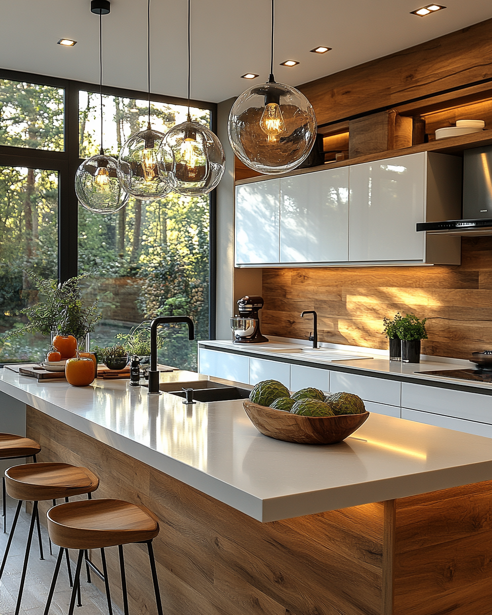 Modern Kitchen with Warm Wood Accents and Stunning Pendant Lights | Material Depot