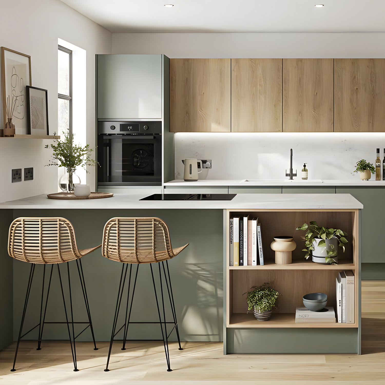 Modern Kitchen with White Backsplash, Sage Green Cabinets and Wood Accents | Material Depot